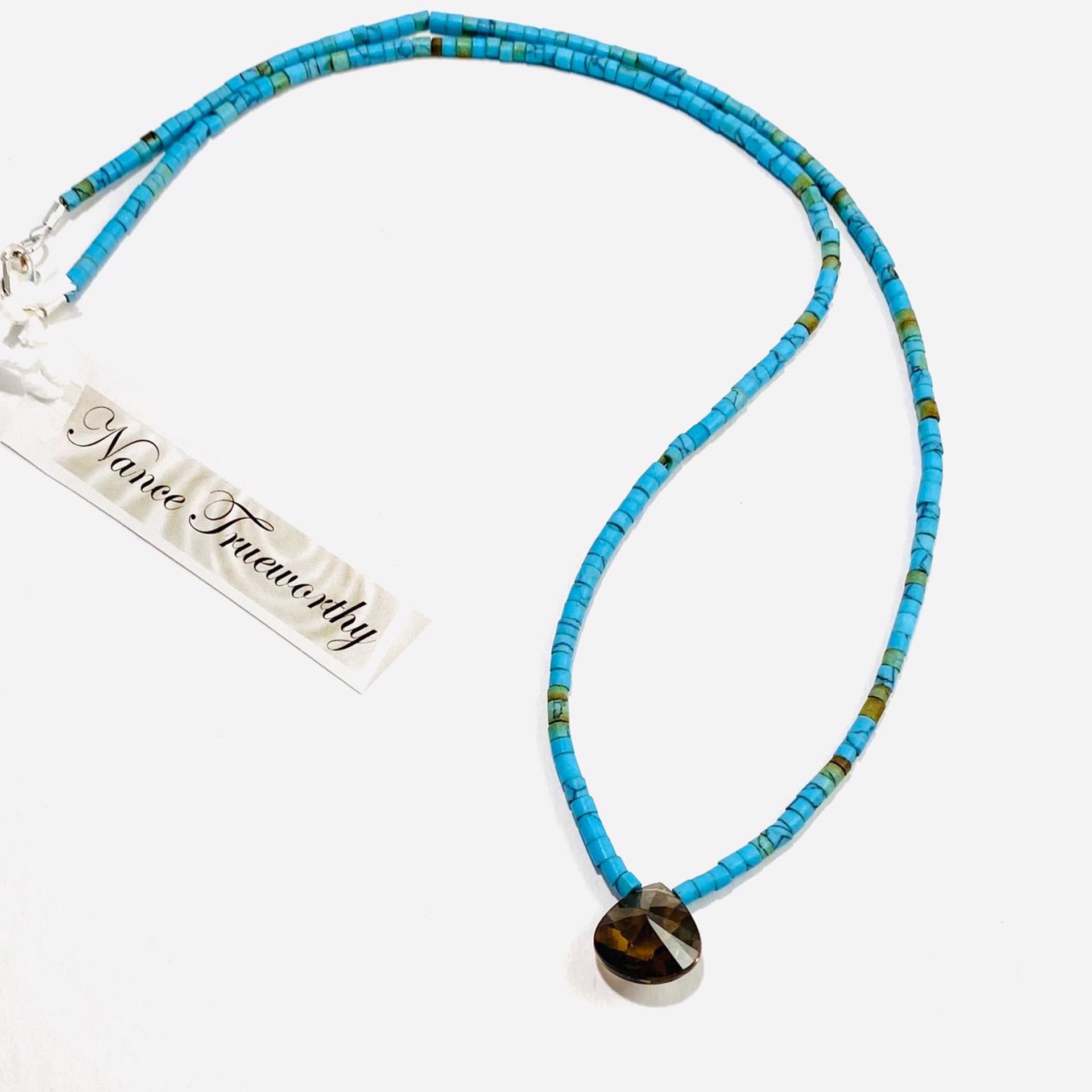 NT22-238 Turquoise Tube Bead Faceted Smokey Quartz Focal Necklace by Nance Trueworthy