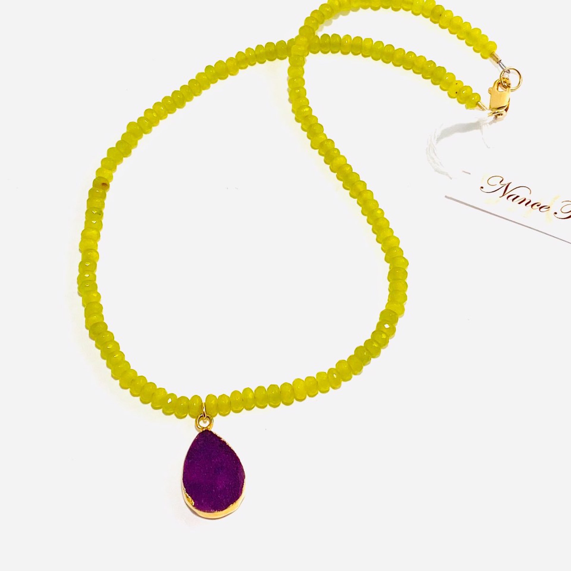 NT22-141 Faceted Olive Jade Teardrop Purple Druzy Necklace by Nance Trueworthy