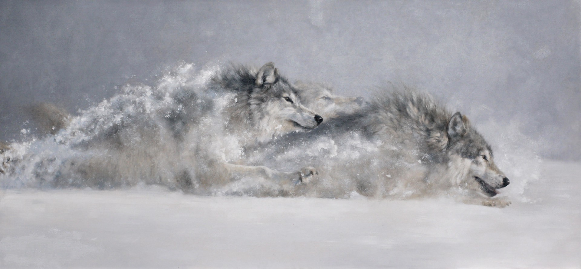 Original Oil Painting Featuring Three Wolves Running Through White Snowy Background