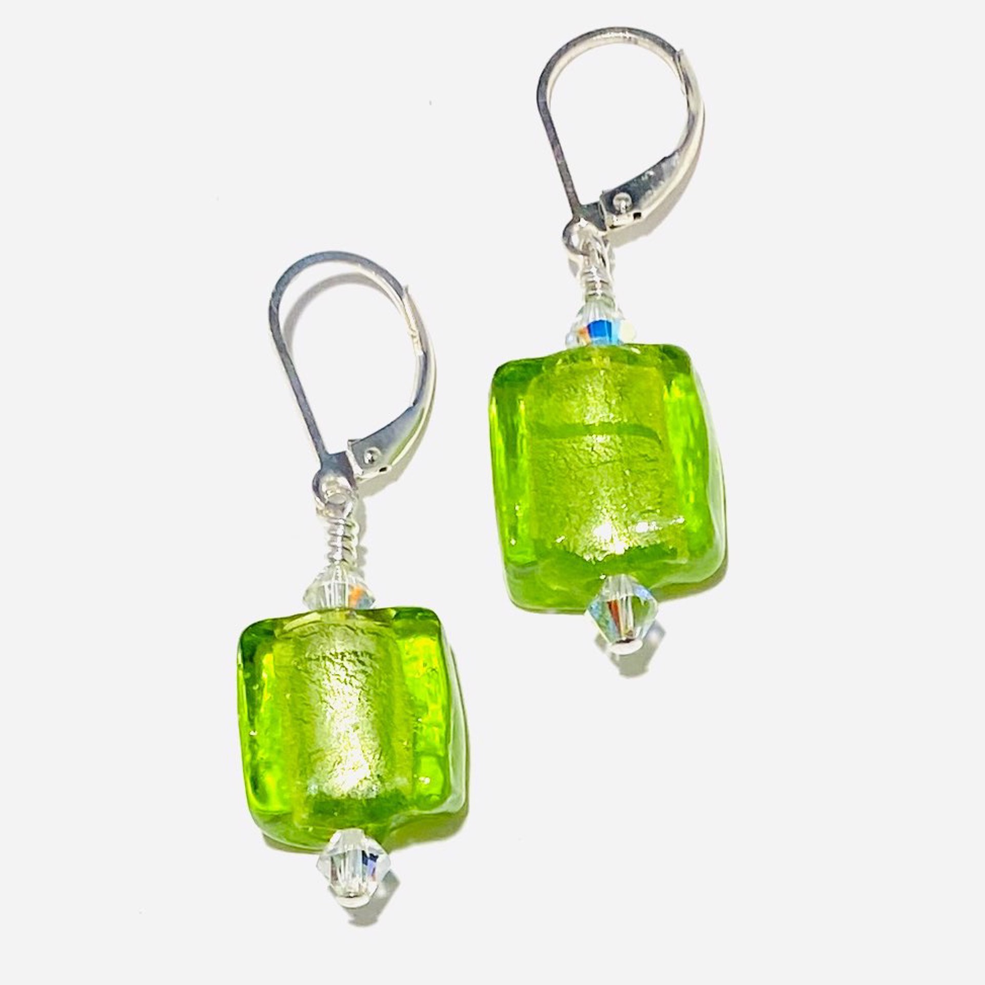 Lime Green Art Glass and Swarovski Crystal Earrings SHOSH23-32 by Shoshannah Weinisch