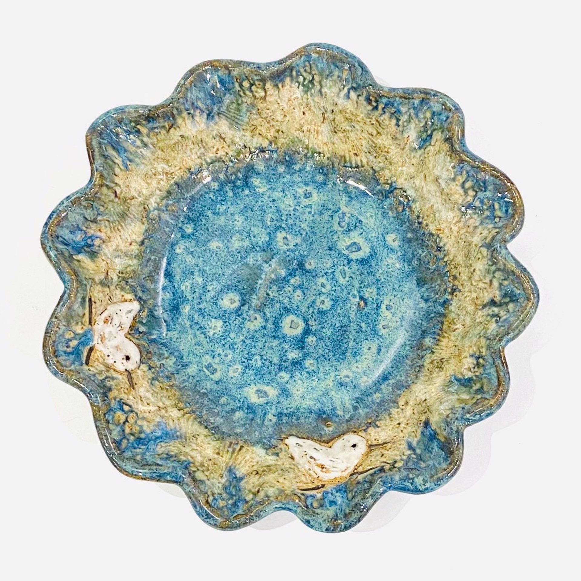 LG22-900 Small Round Scalloped Bowl with Two Sandpiper (Blue Glaze) by Jim & Steffi Logan