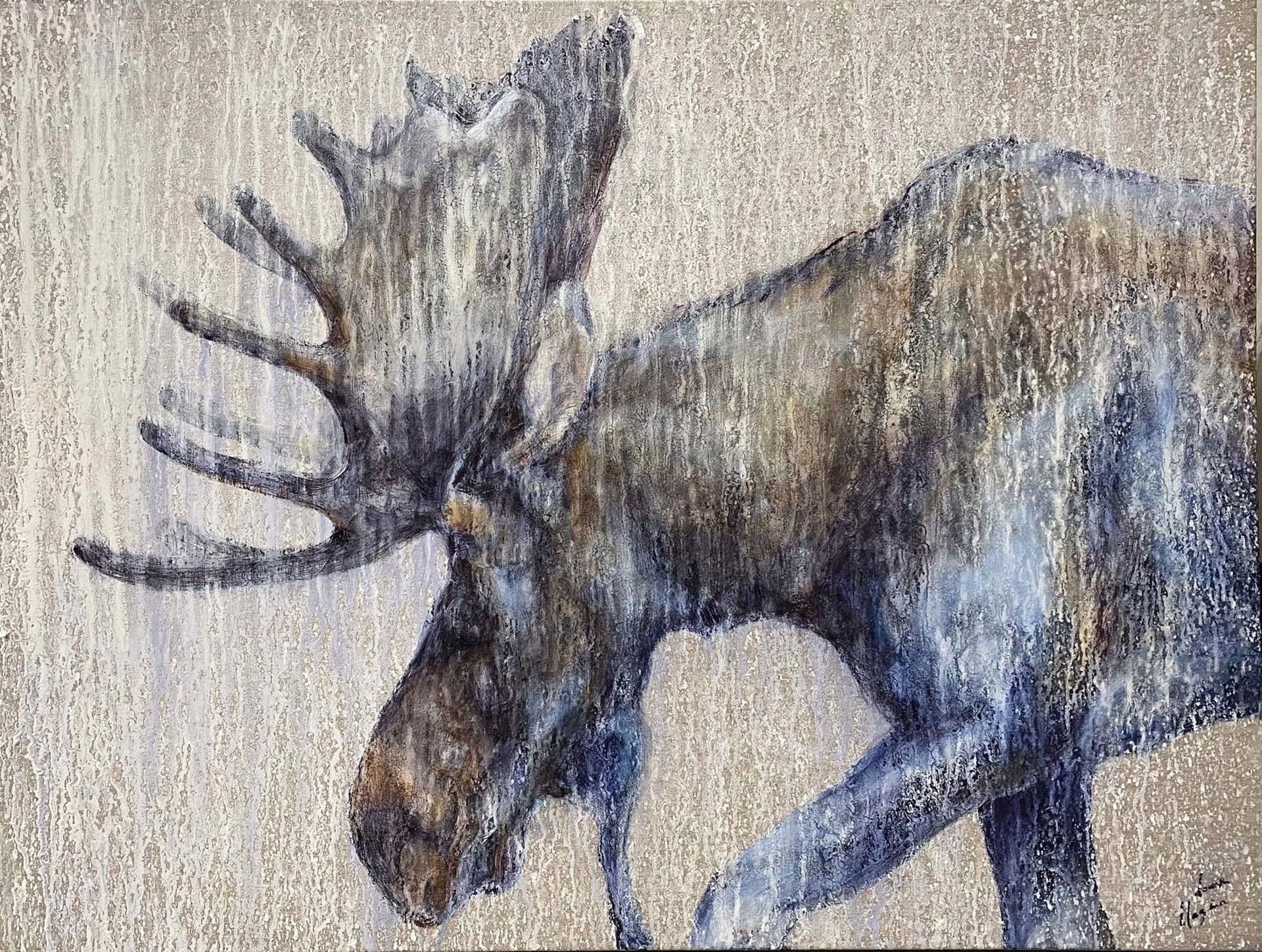 Original Oil Painting Featuring A Moose In Profile With Exposed Linen Background And White Dripping Details