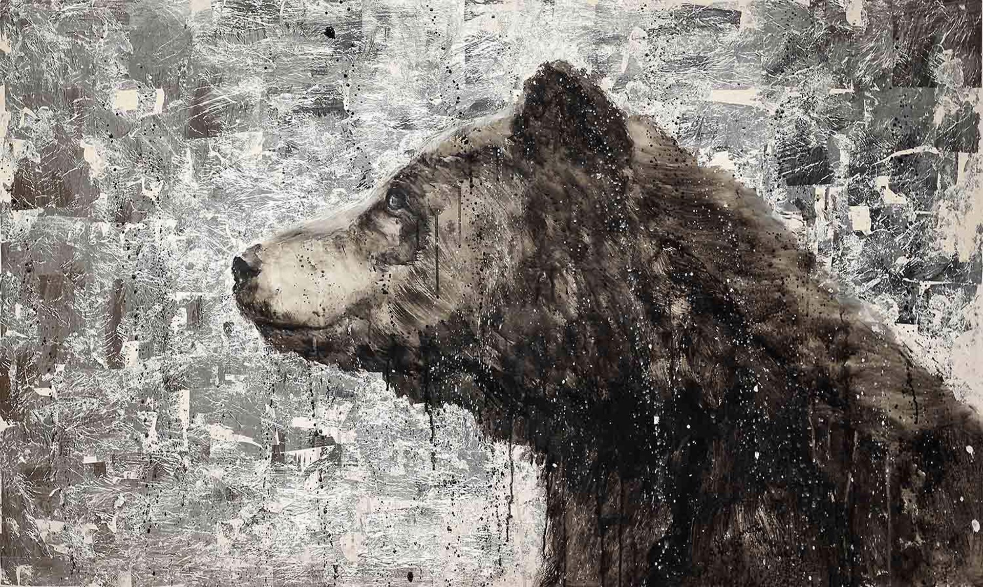 An Original Contemporary Fine Art Painting Of A Side Profile of a Bear With A Silver and Black Abstract Background By Matt Flint Using Mixed Media On Panel