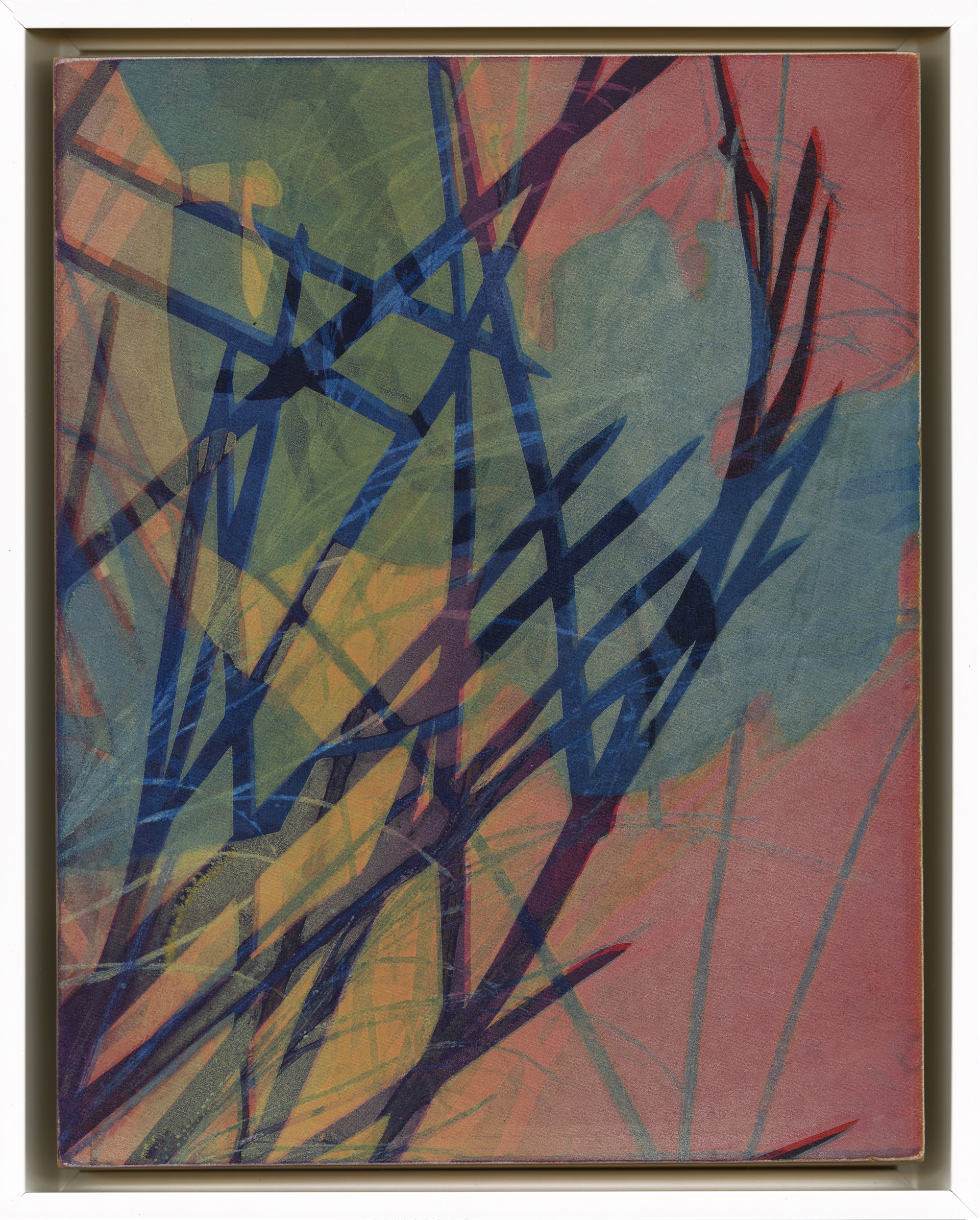Original Abstract Monotype Print By Nina Tichava Featuring Fig Leaf And Grass Overlays In Pink Purple Blue And Yellows