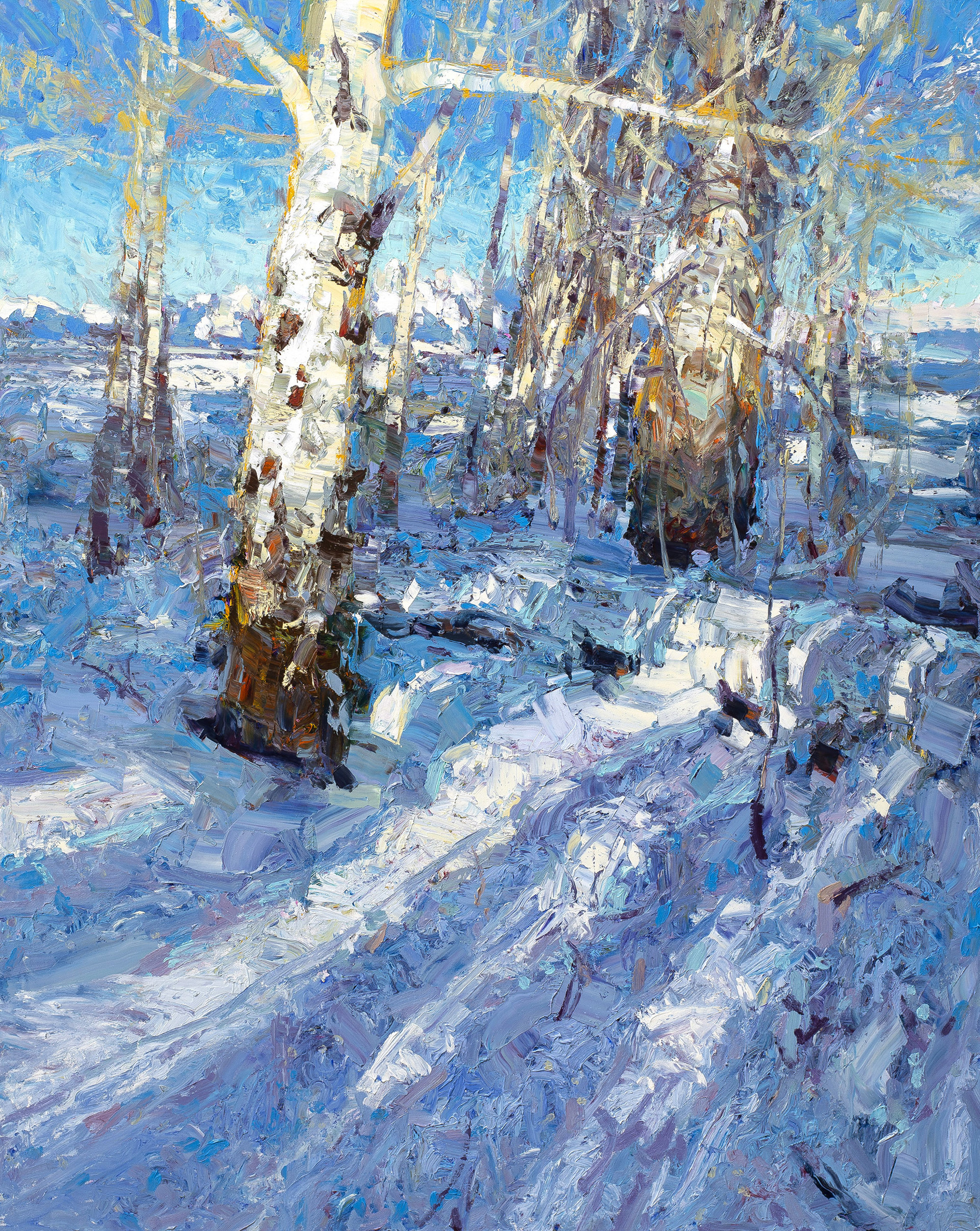 Original Oil Painting Featuring A Winter Woodsy Landscape With Blue Sky