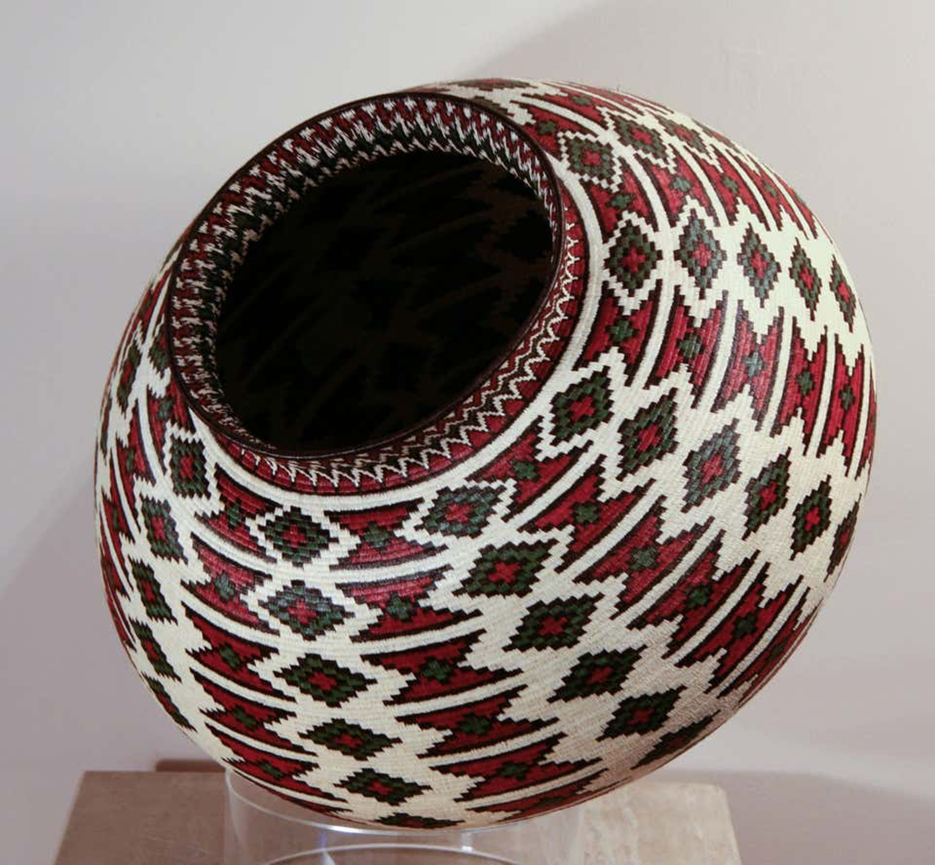 Basket-Red, Green & White Geometric by Wounaan & Embera Panama Rainforest Baskets Wounaan