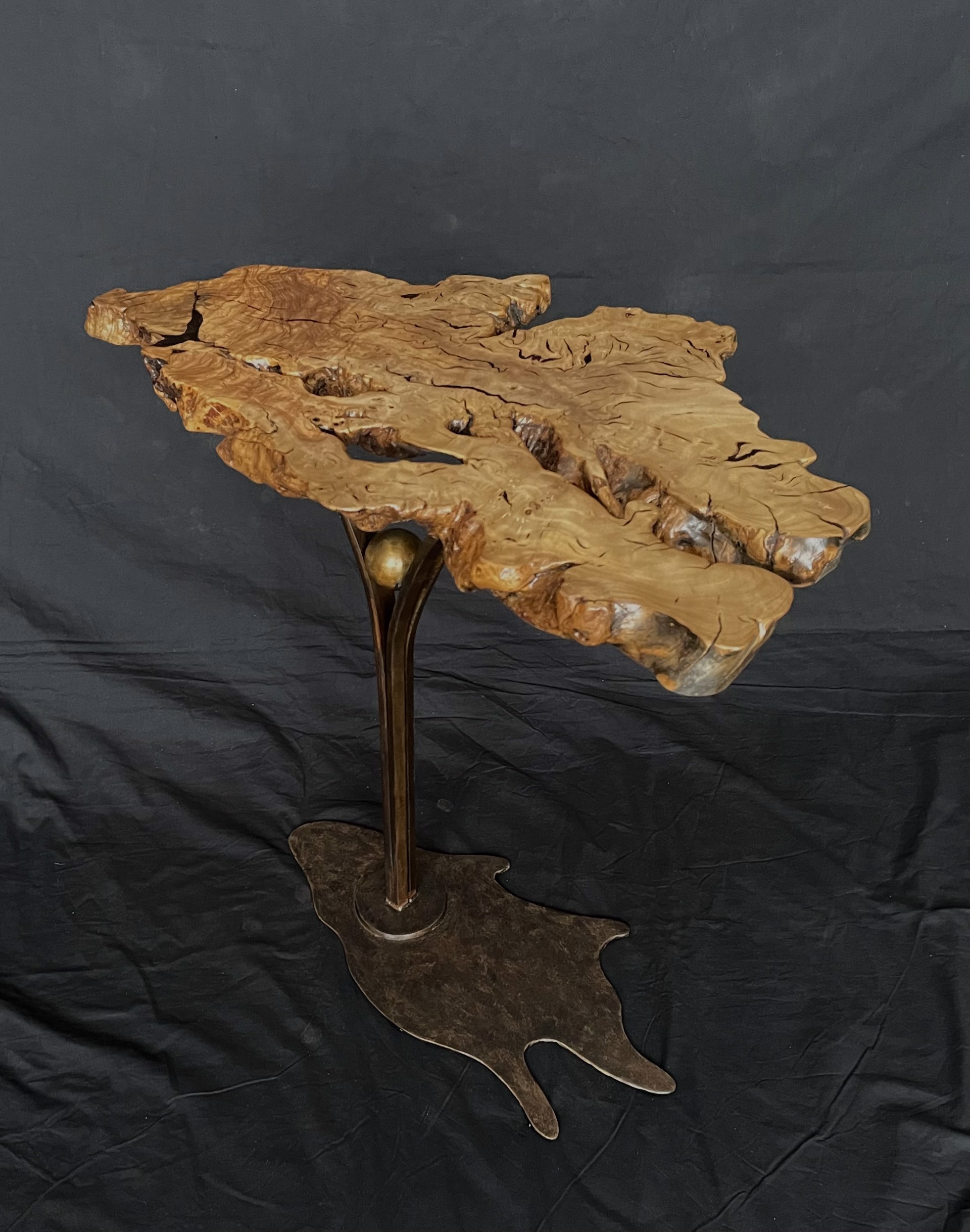 Olive Root Burl Side Table on Steel Splash Base 040523F by Ron Gill