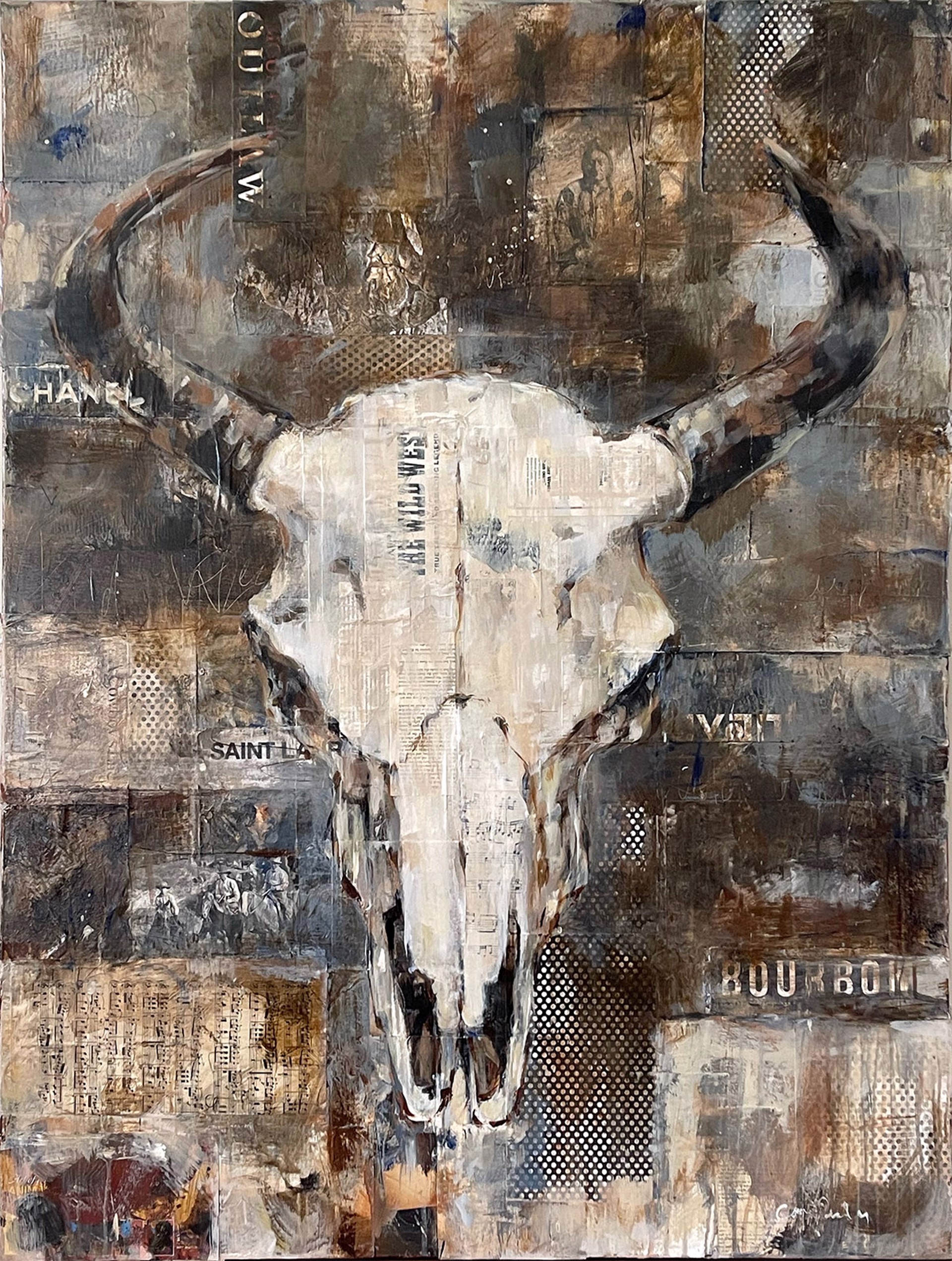 Original Mixed Media Painting By Carrie Penley Featuring A Bison Skull