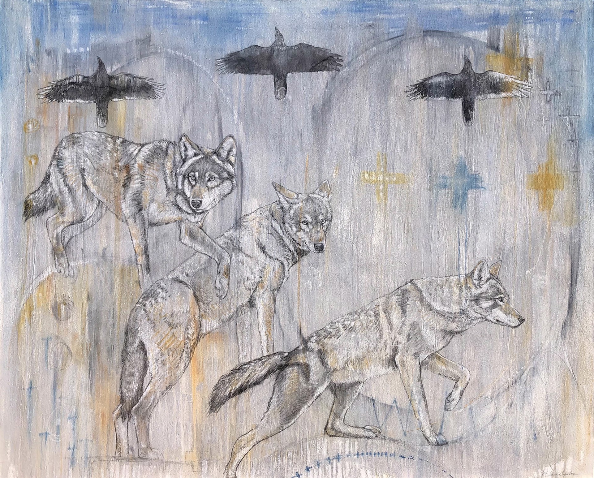 Original Mixed Media Painting Featuring Three Wolves And Three Ravens On Abstract Blue Gray Background