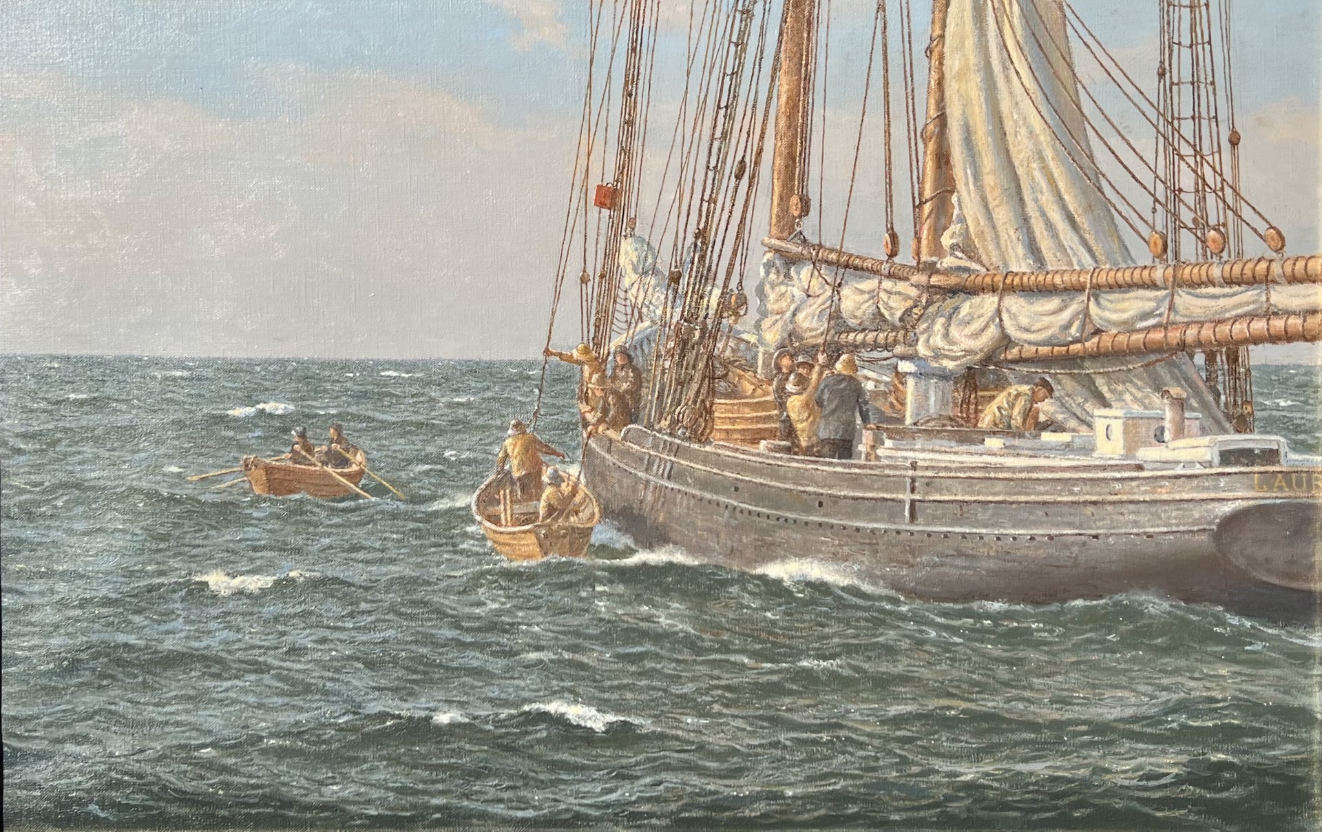 On George’s Bank, Gloucesterman Setting the Trysail 1920 by Richard K. Loud