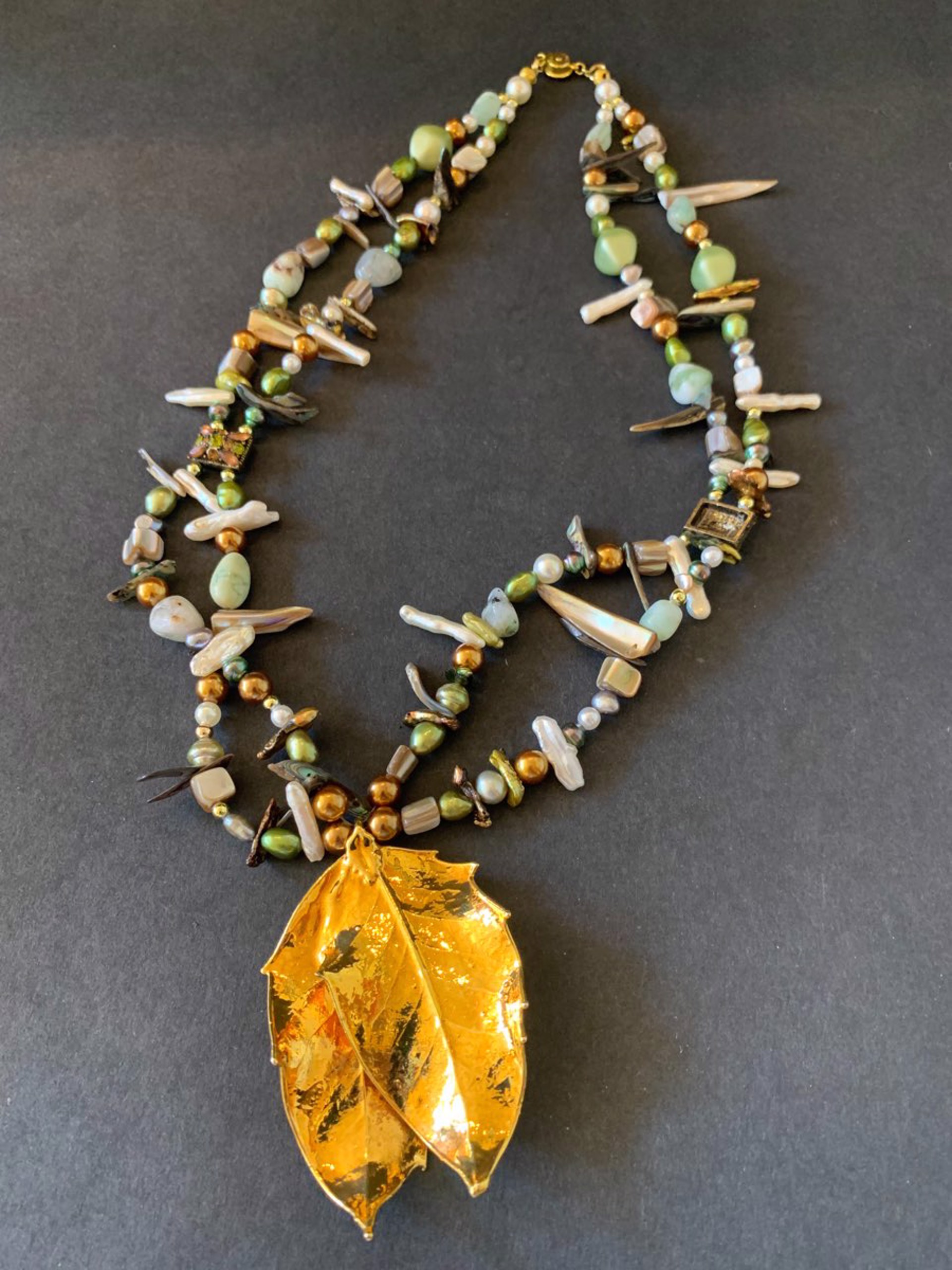 Sweet Leaf Necklace, Freshwater Pearl and Gold Dipped Beech Leaves by Patty Elzinga