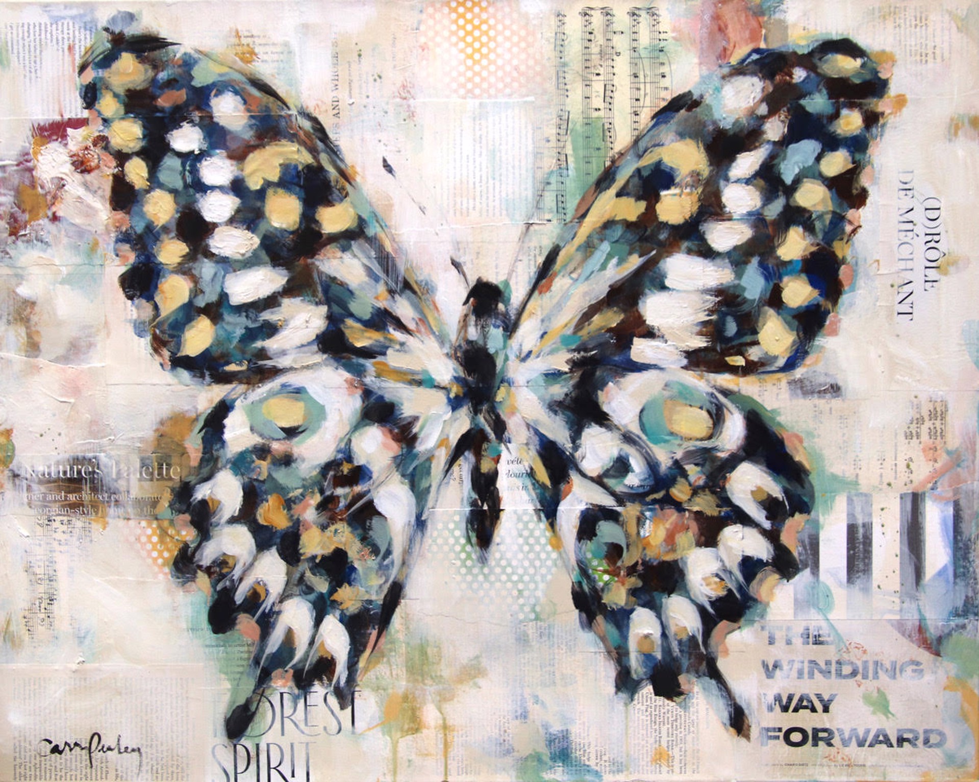 Black, Blue And Yellow Butterfly Acrylic Art On Collage By Carrie Penley