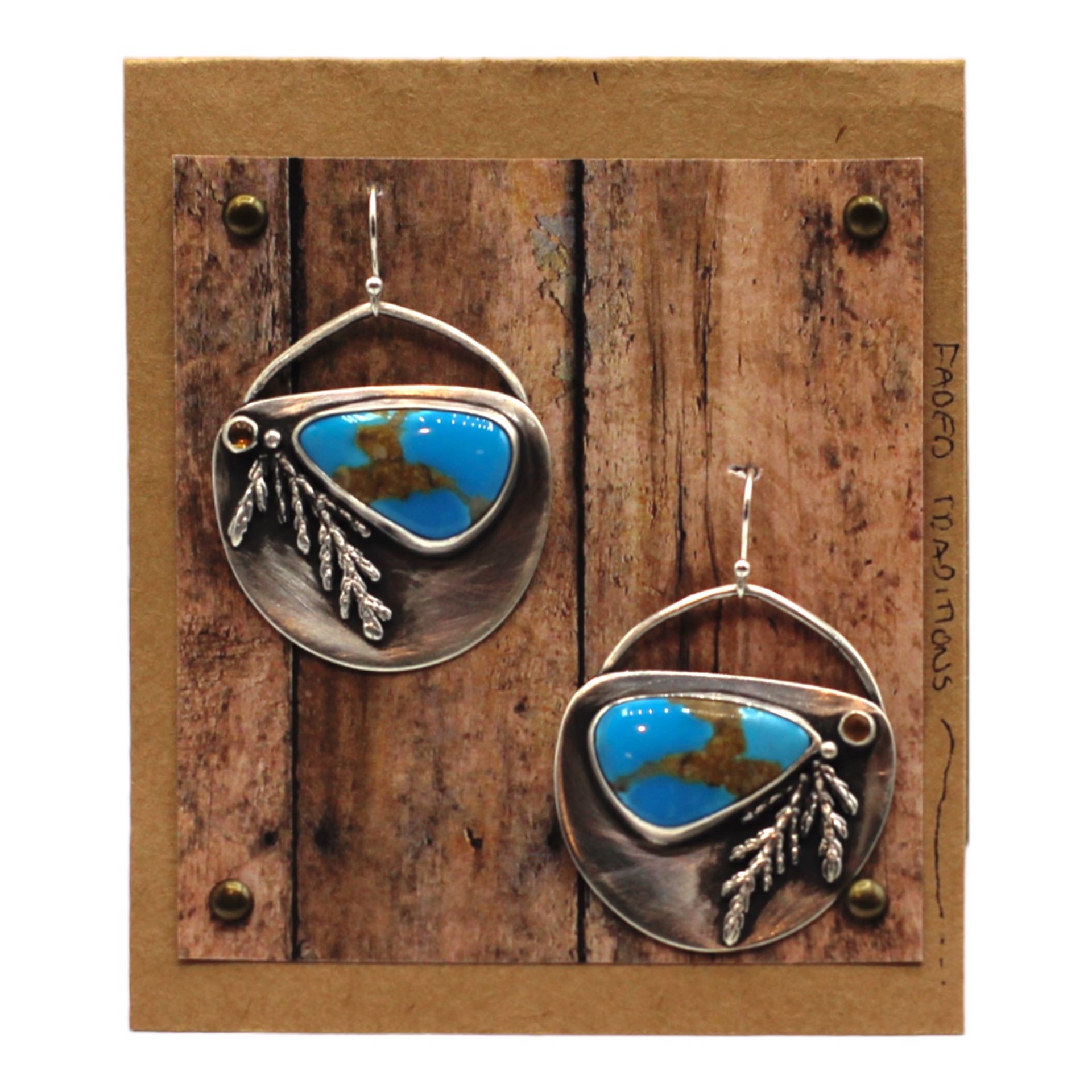 Sonoran Gem Turquoise Shield Earrings with Cast Cedar and Citrine by Ashley Hanna