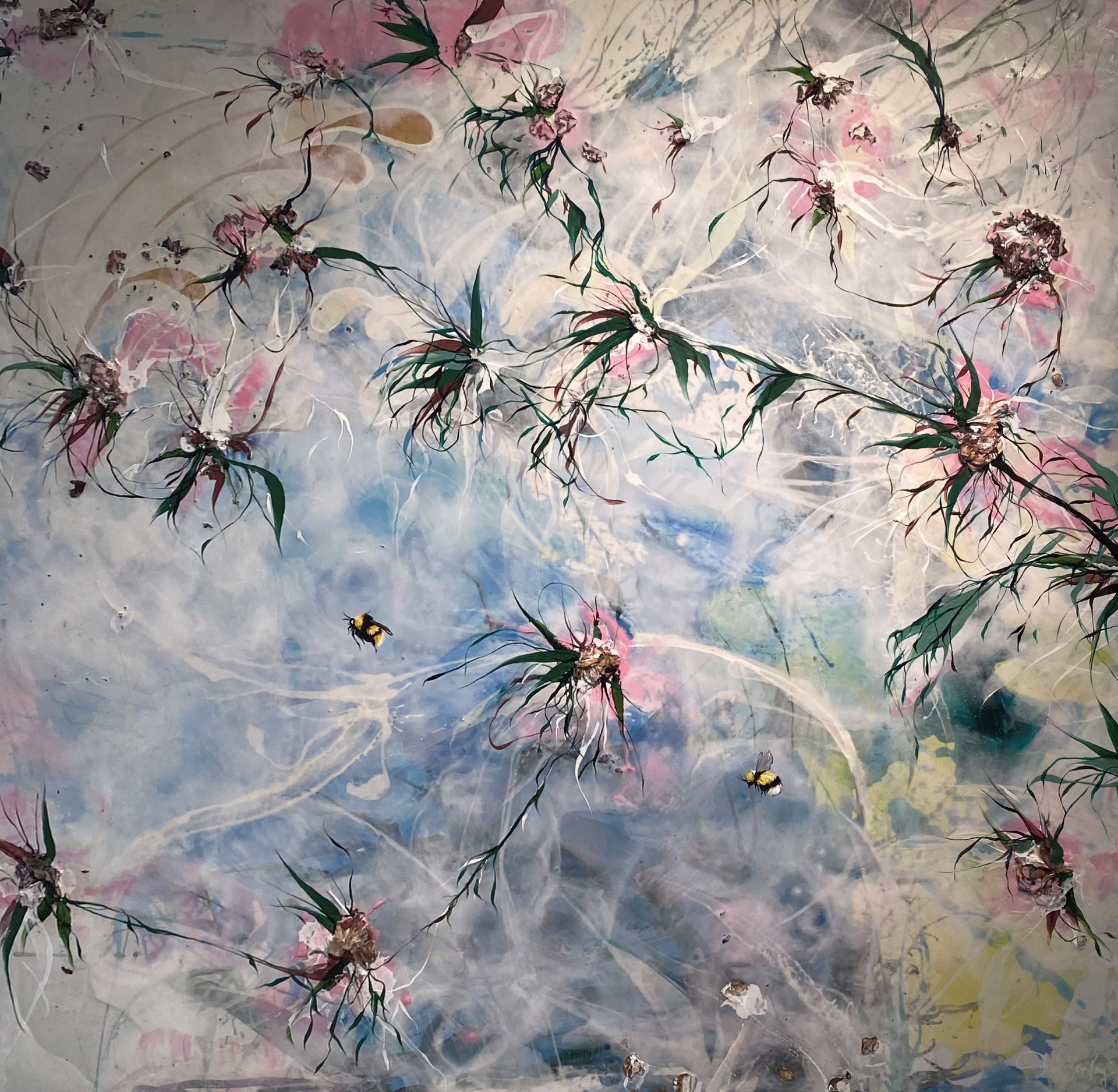A painting with a blue and white background with black and pink vine-like flowers overtop of it