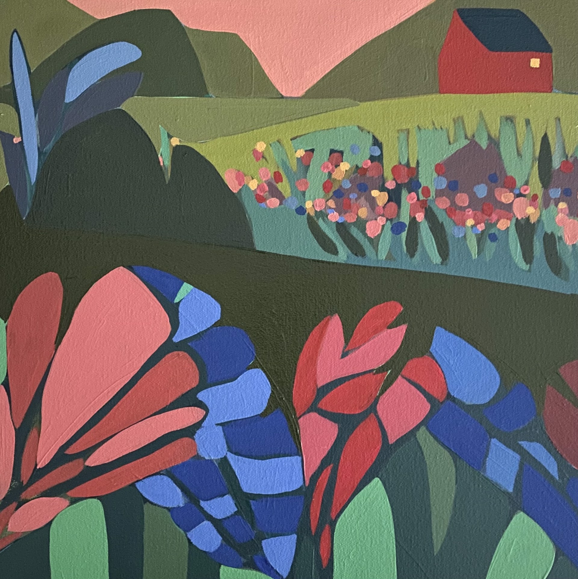 Red Barn with Large Red and Blue Flowers by Sage TuckerKetcham