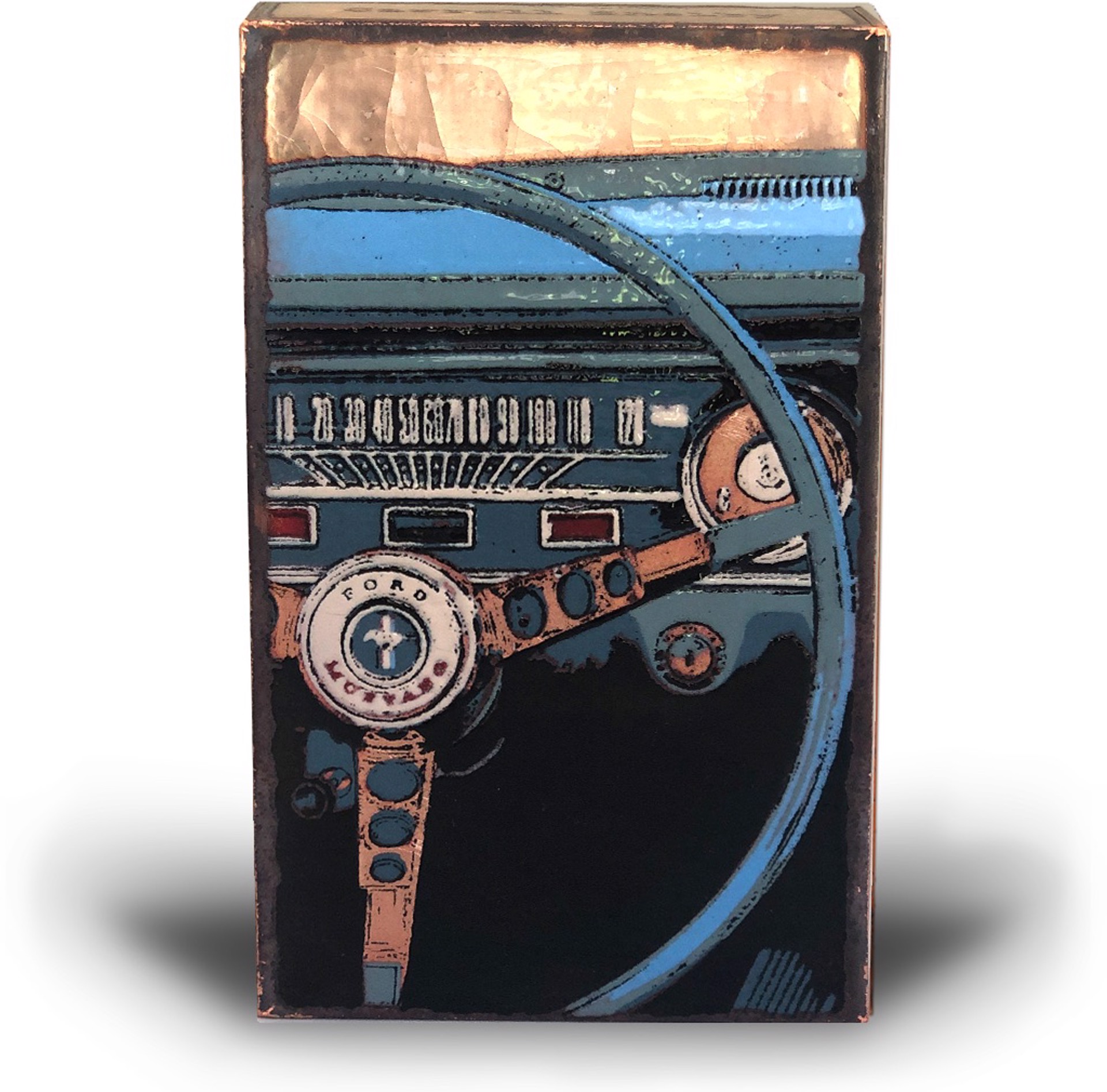 A Handmade Houston Llew Spiritile Featuring A Ford Mustang Steering Wheel In Glass Fired To Cooper, Available At Gallery Wild 