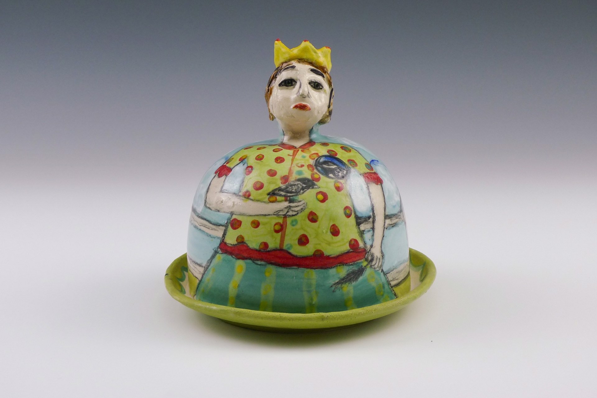 Girl with Birds Butter Dish by Wendy Olson