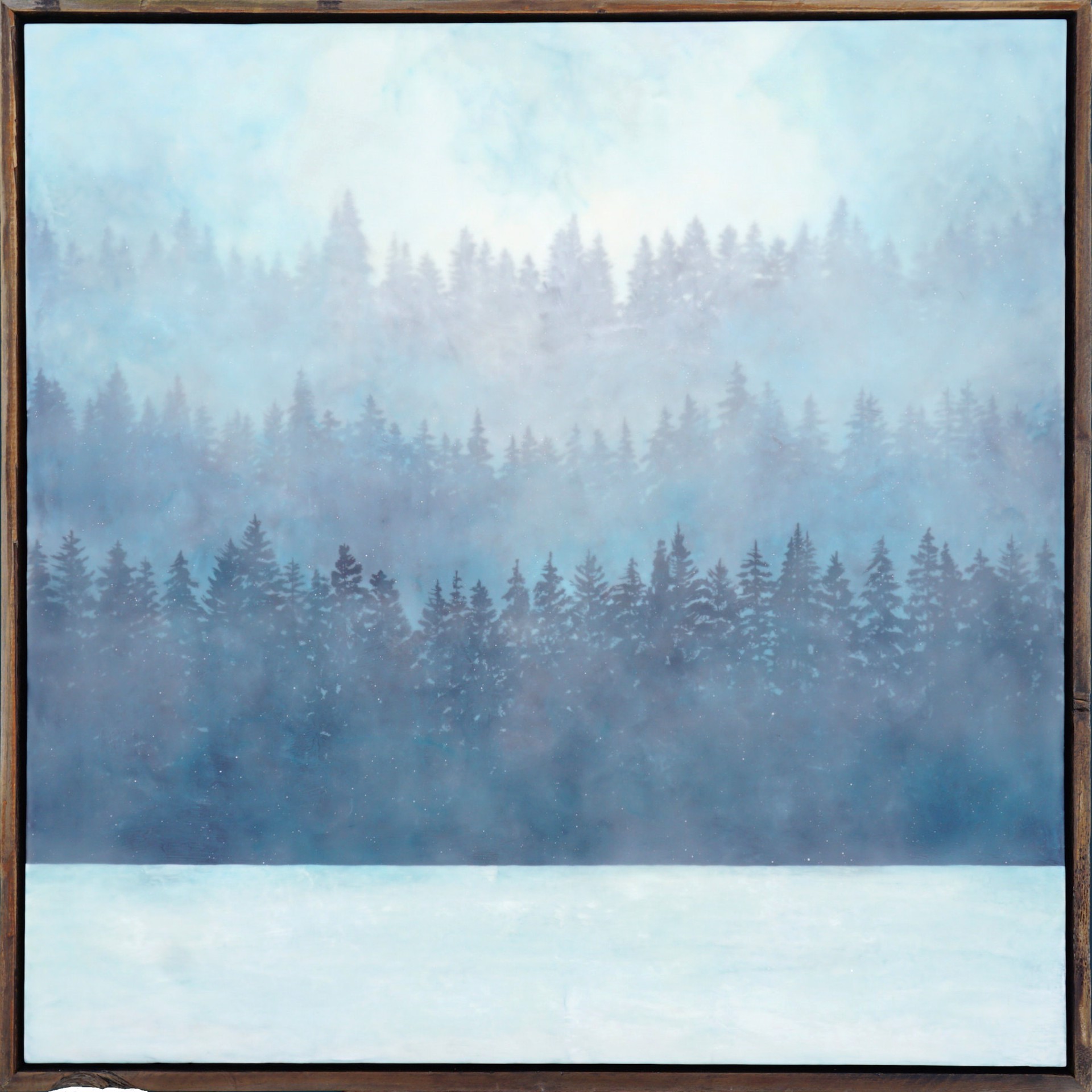 A Landscape Painting Made With Encaustic And Milk Paint Of Layers Of Blue Pine Trees By Bridgette Meinhold