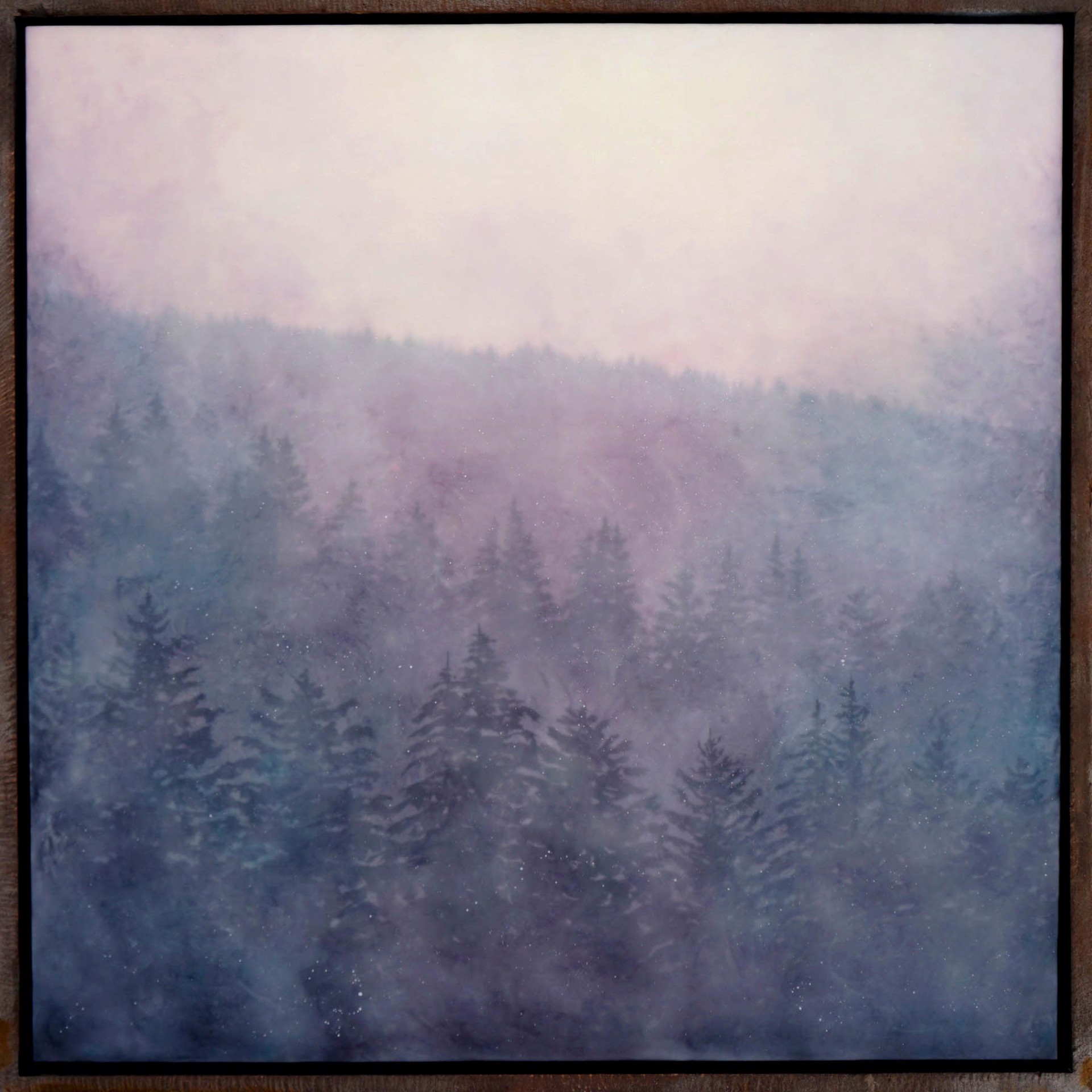 Original Encaustic Landscape Featuring Hazy Clouded Hillside With Pine Trees In Purple Tint