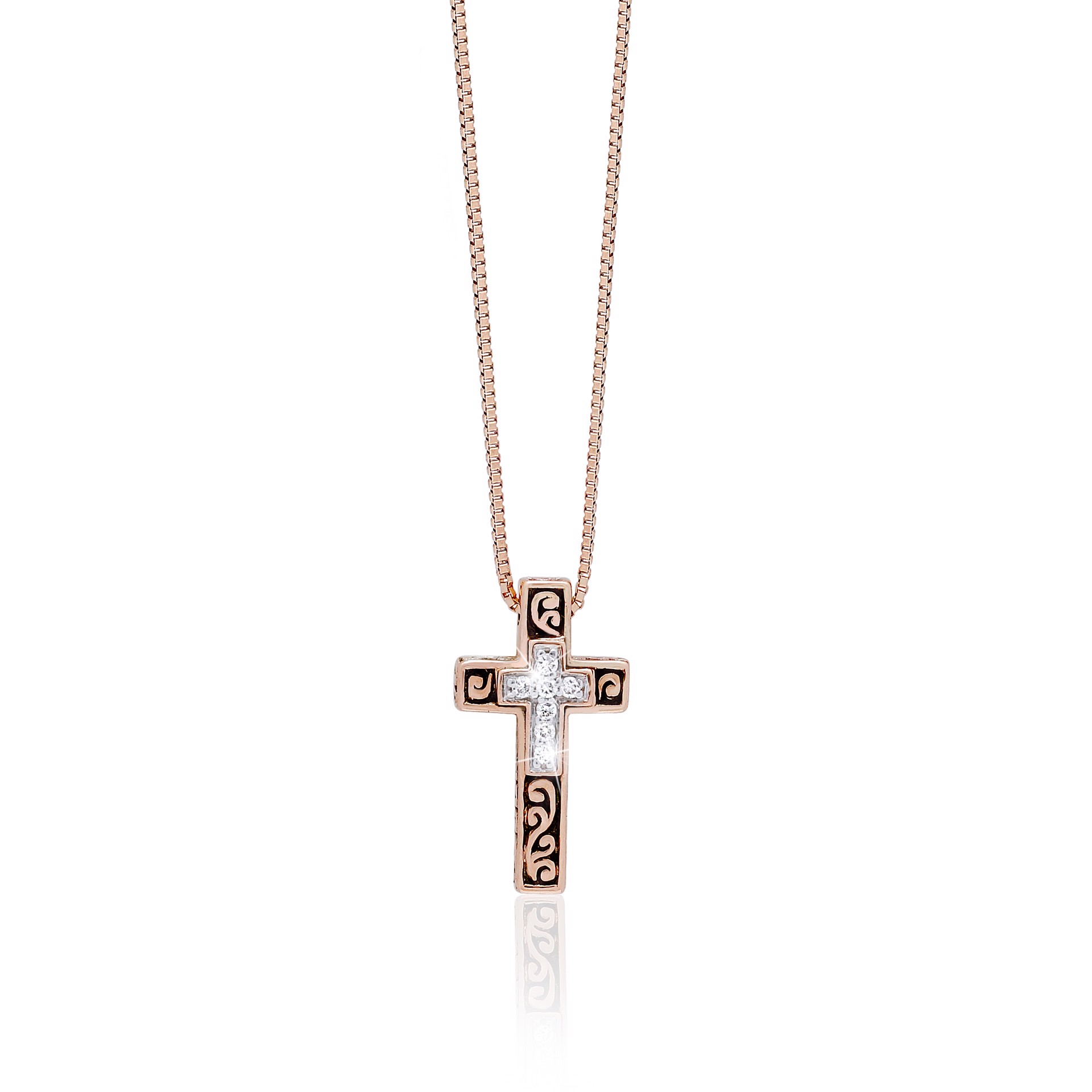 9724 18K Rose Gold and Diamond (0.04CT) Cross with Classic Signature Lois Hill Scroll Necklace (9mm by 15mm) by Lois Hill