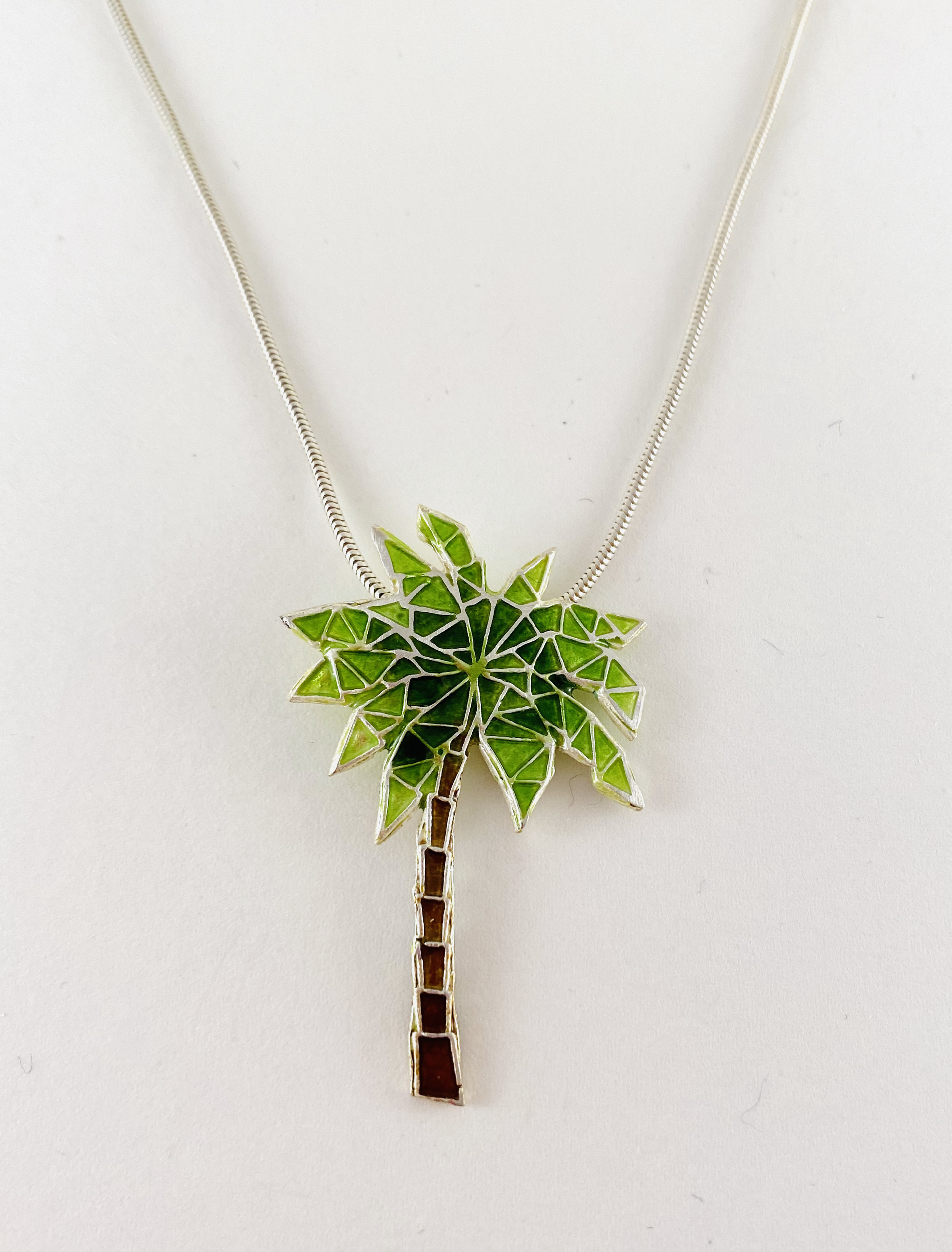 Champleve Palm Tree Pendant, 18" Silver Chain Necklace by Karen Hakim