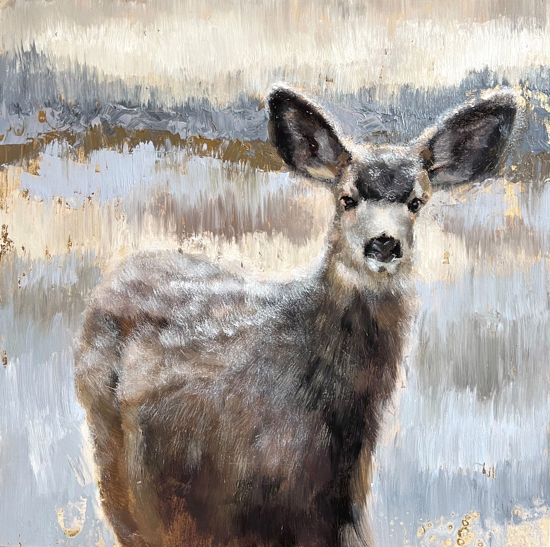 Original Mixed Media Painting By Nealy Riley Featuring A Mule Deer On Abstracted Landscape Background With Gold Details