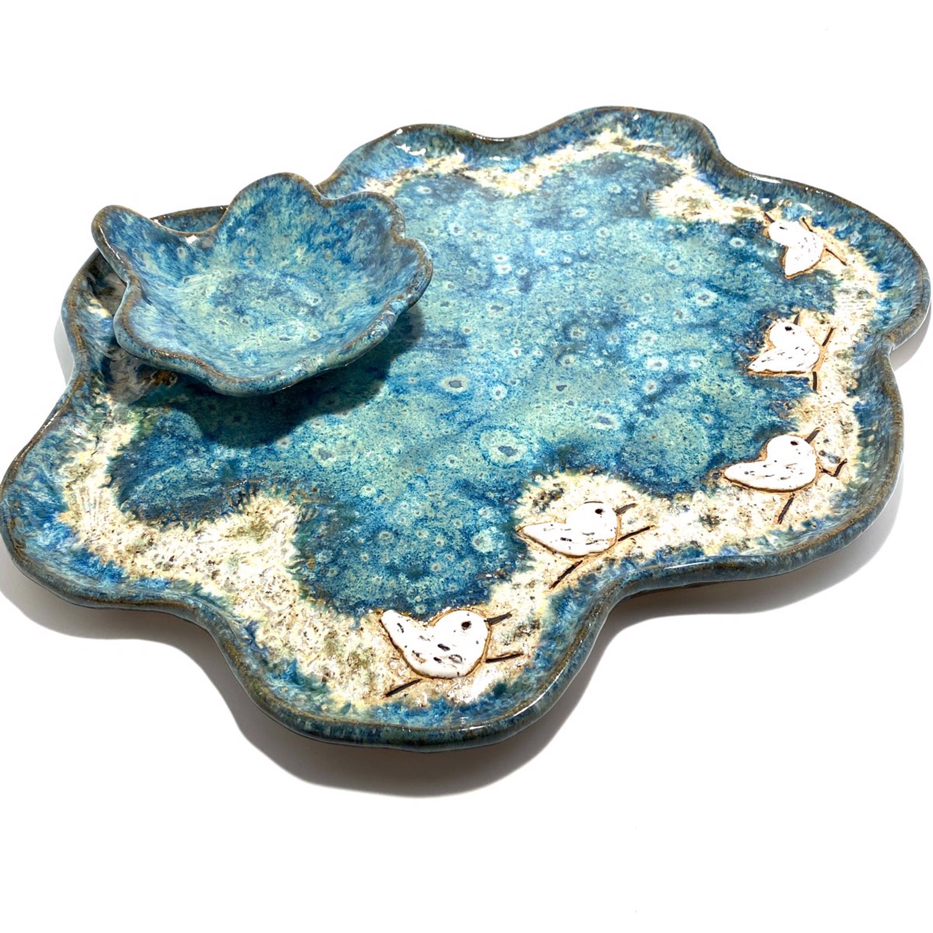 Chip and Dip with Five Sandpipers (Blue Glaze) LG23-1112 by Jim & Steffi Logan