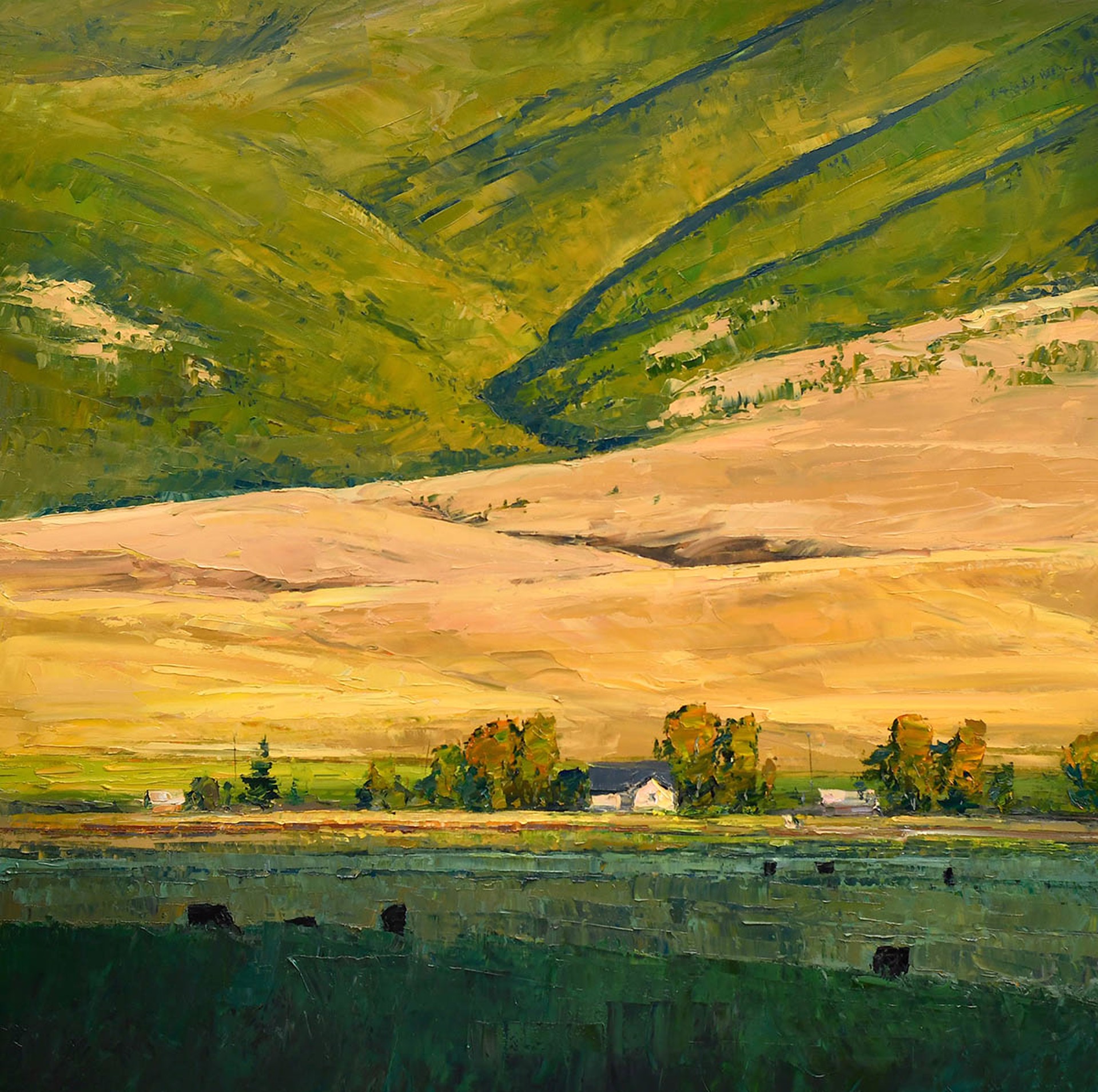 Landscape Oil Painting By Caleb Meyer Using Palette Knife Technique Green Mountains Summer Landscape