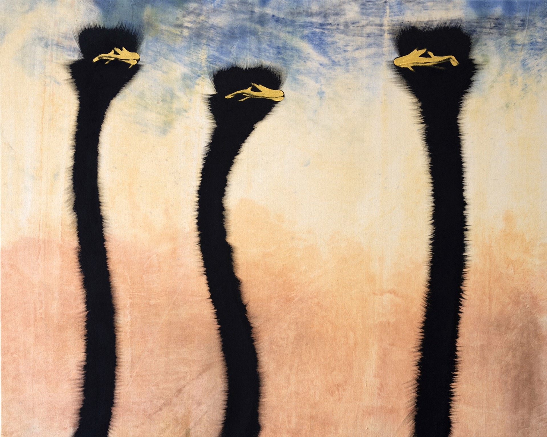 Three Gold Ostrich On Oil Washed Raw Canvas by Josh Brown