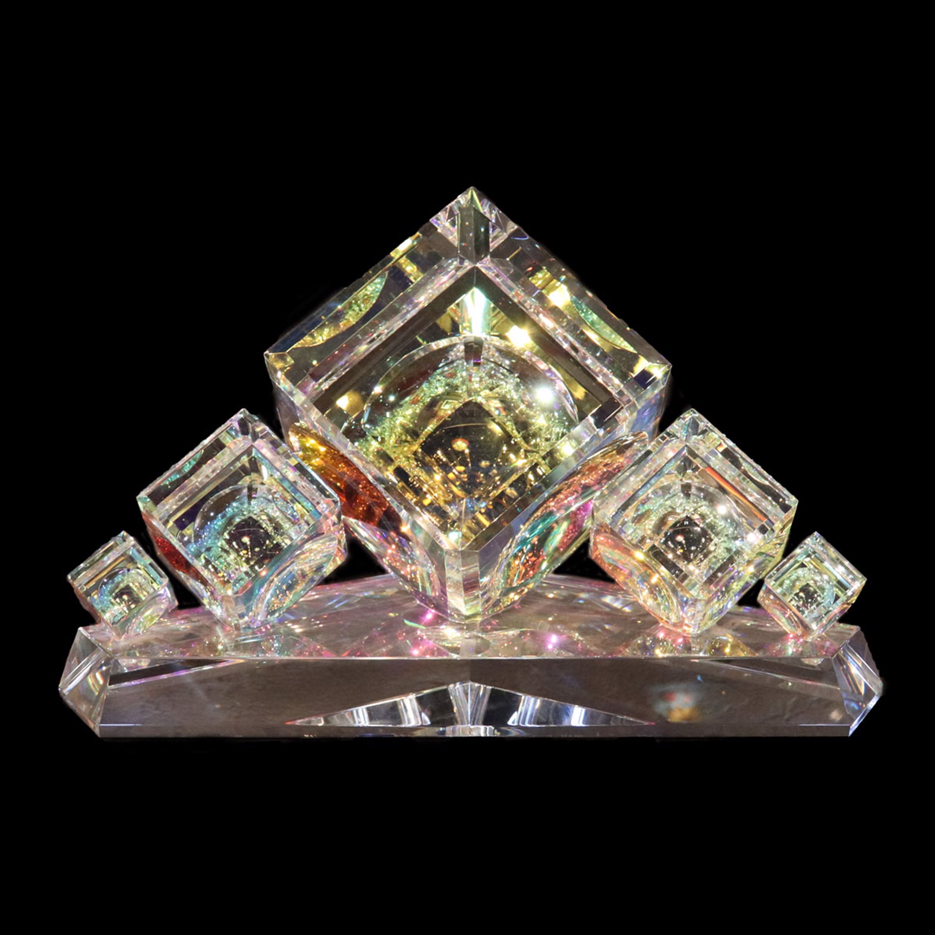 Crystal Cube Center Piece with Five  Stacked Cubes  30/60/120mm(1 1/8"2 3/8"4 3/4") by Harold Lustig
