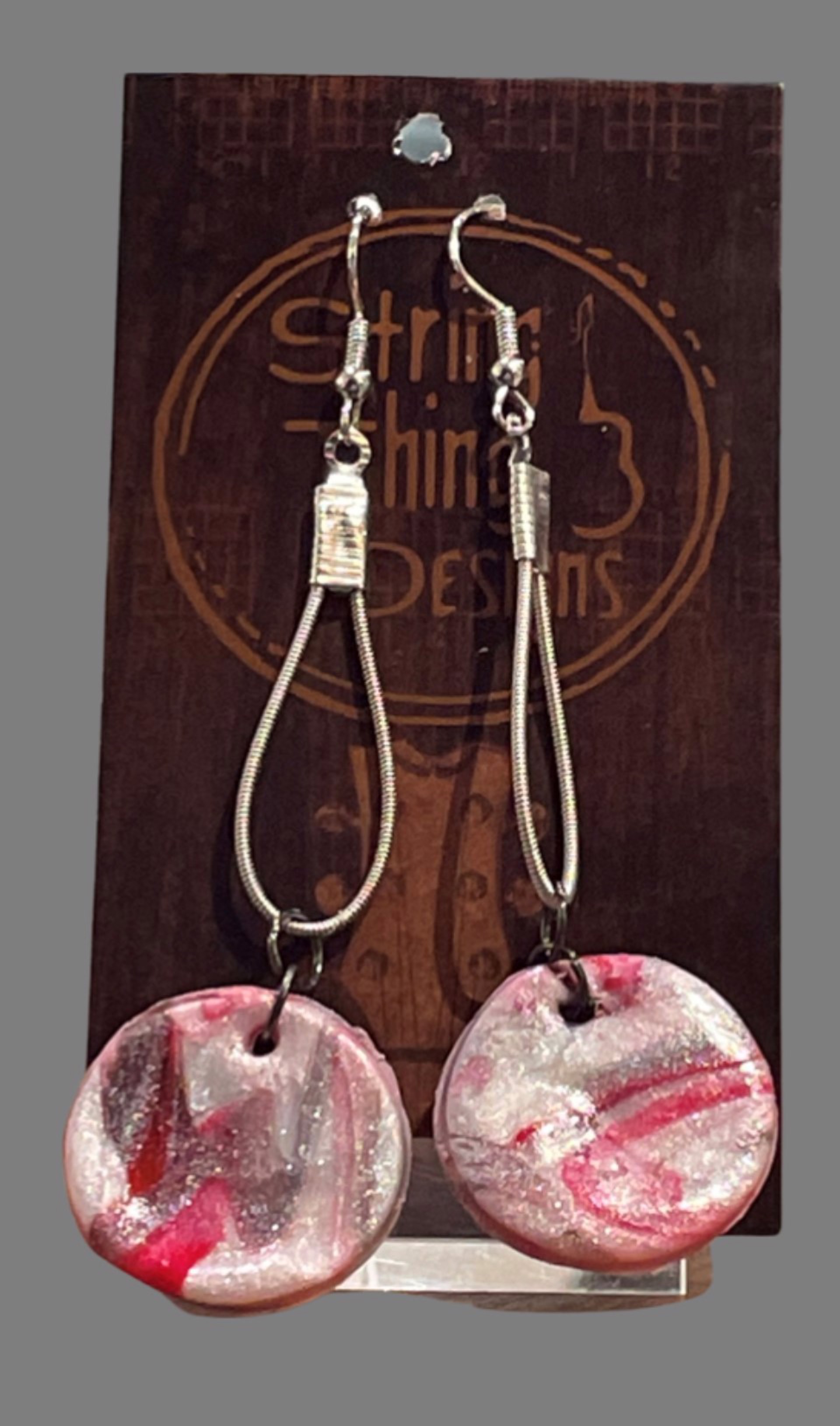 Red and Silver Guitar String Earrings by String Thing Designs