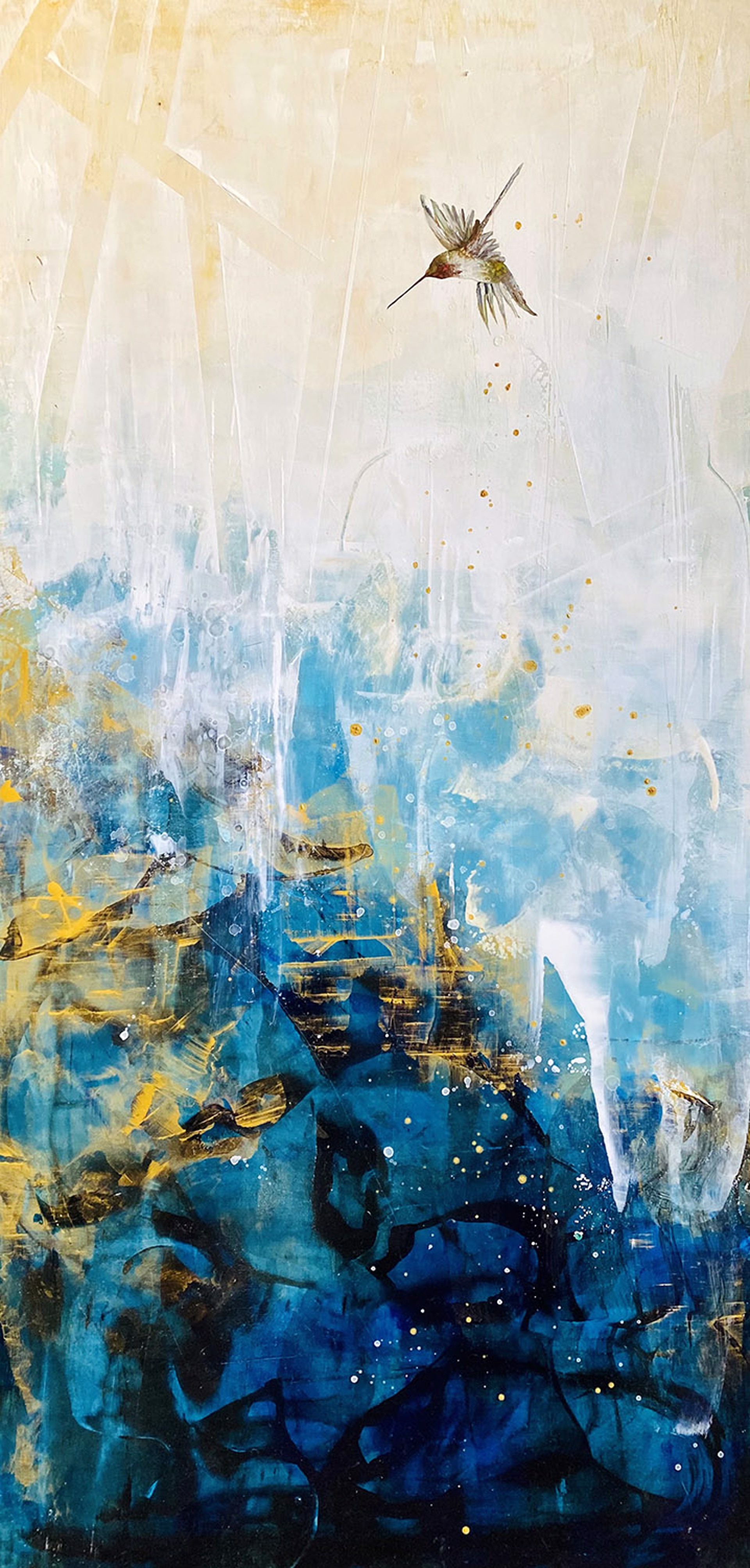 A Contemporary Painting Of A Flying Hummingbird On A Blue, Gold, And White Abstract Background By Jenna Von Benedikt At Gallery Wild