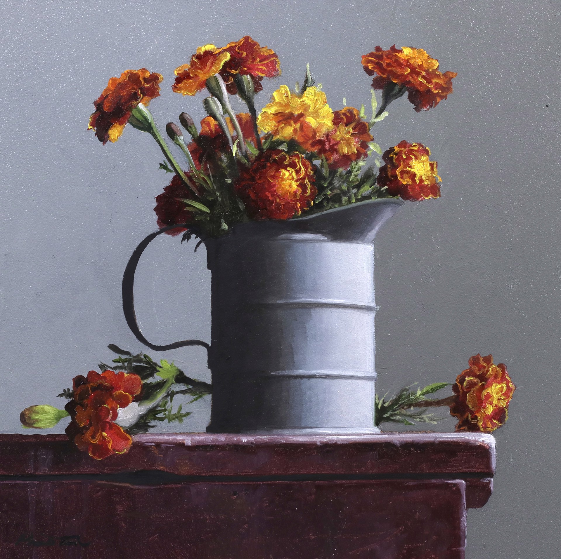 Tin Pitcher with Marigolds by Larry Preston