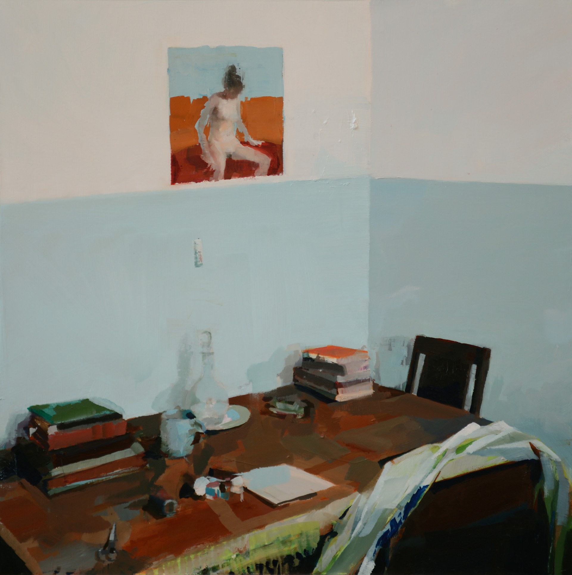 Desk with painting by Alex Kanevsky