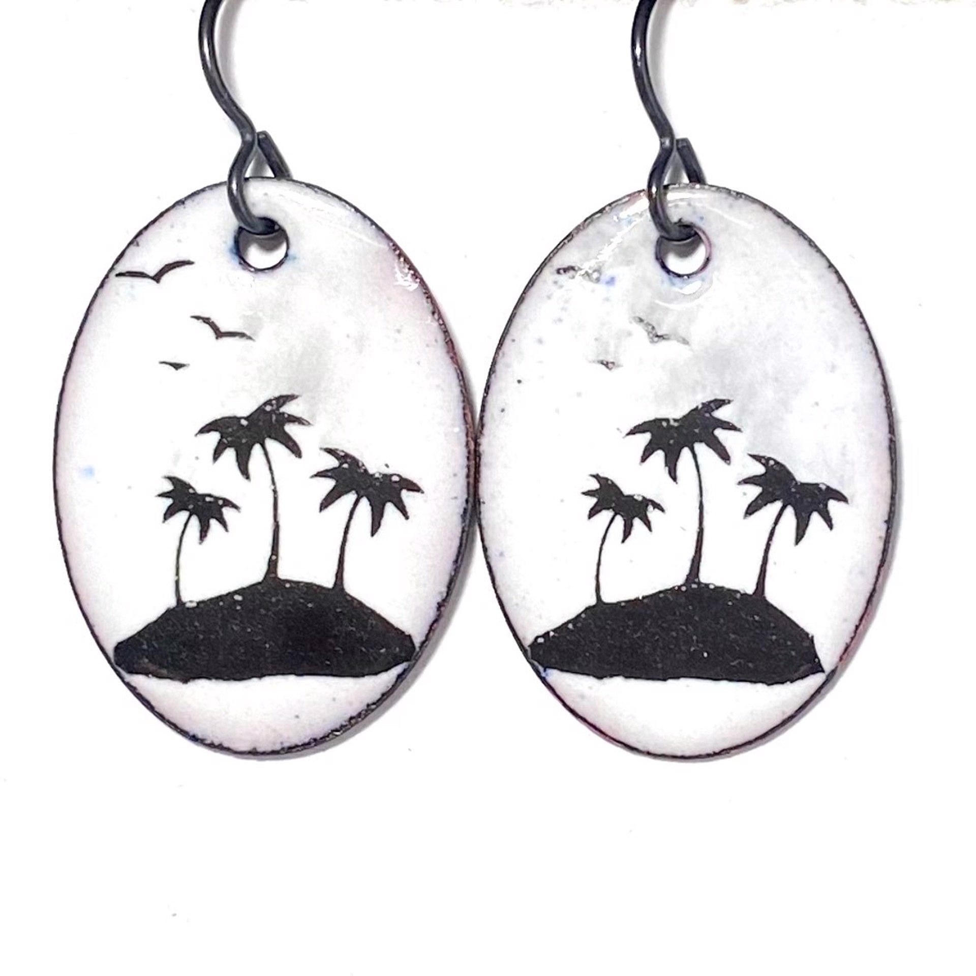 KH22-57 Enamel on Copper Oval Earrings ~with a porcelain Palm Tree mineral "decal" fired on top~ by Karen Hakim