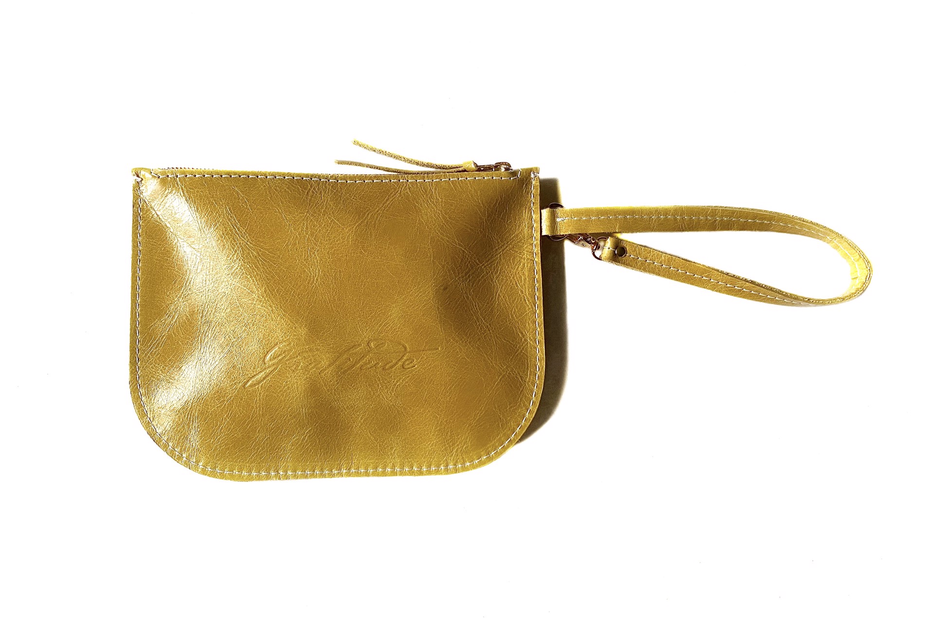 Small yellow leather wristlet handbag by Feel Handmade