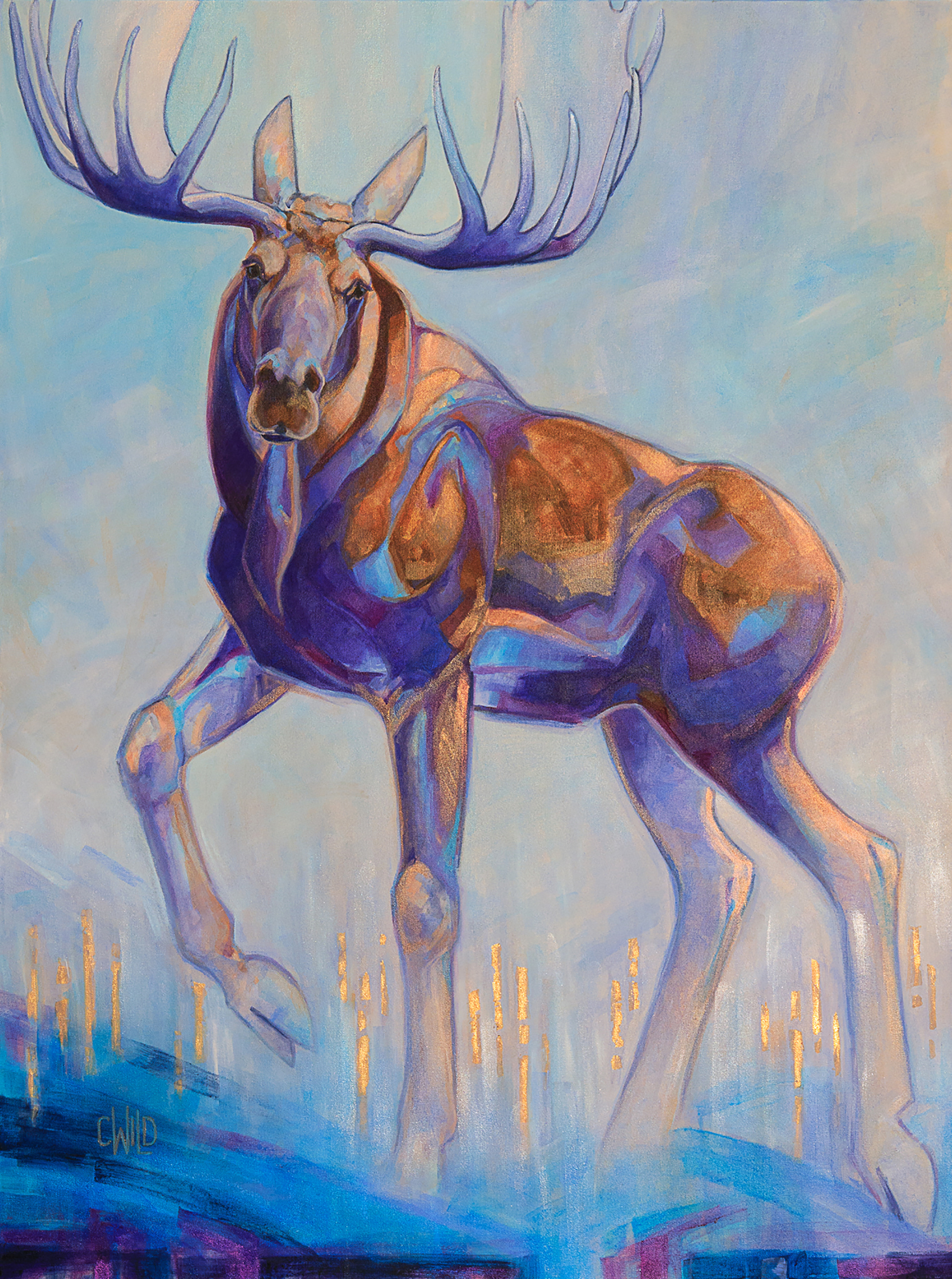 A Contemporary Acrylic And Golf Leaf Painting Of A Blue Purple And Brown Bull Moose  With An Abstract Blue And Purple Background, Fine Art By Carrie Wild 