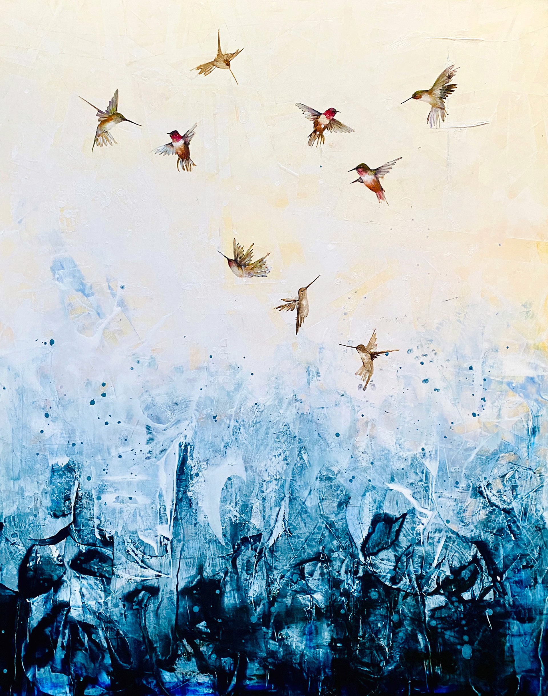 Original Oil Painting By Jenna Von Benedikt With Hummingbirds On An Abstract Background