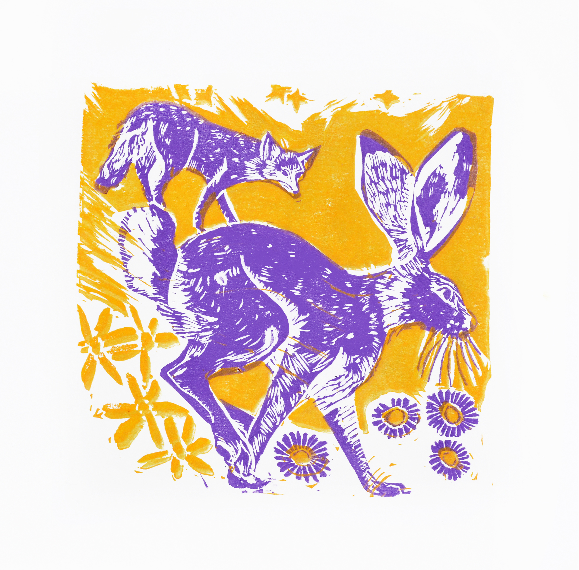 A Jackrabbit, Coyote, Asters and Ragwort Flowers by Kat Kinnick
