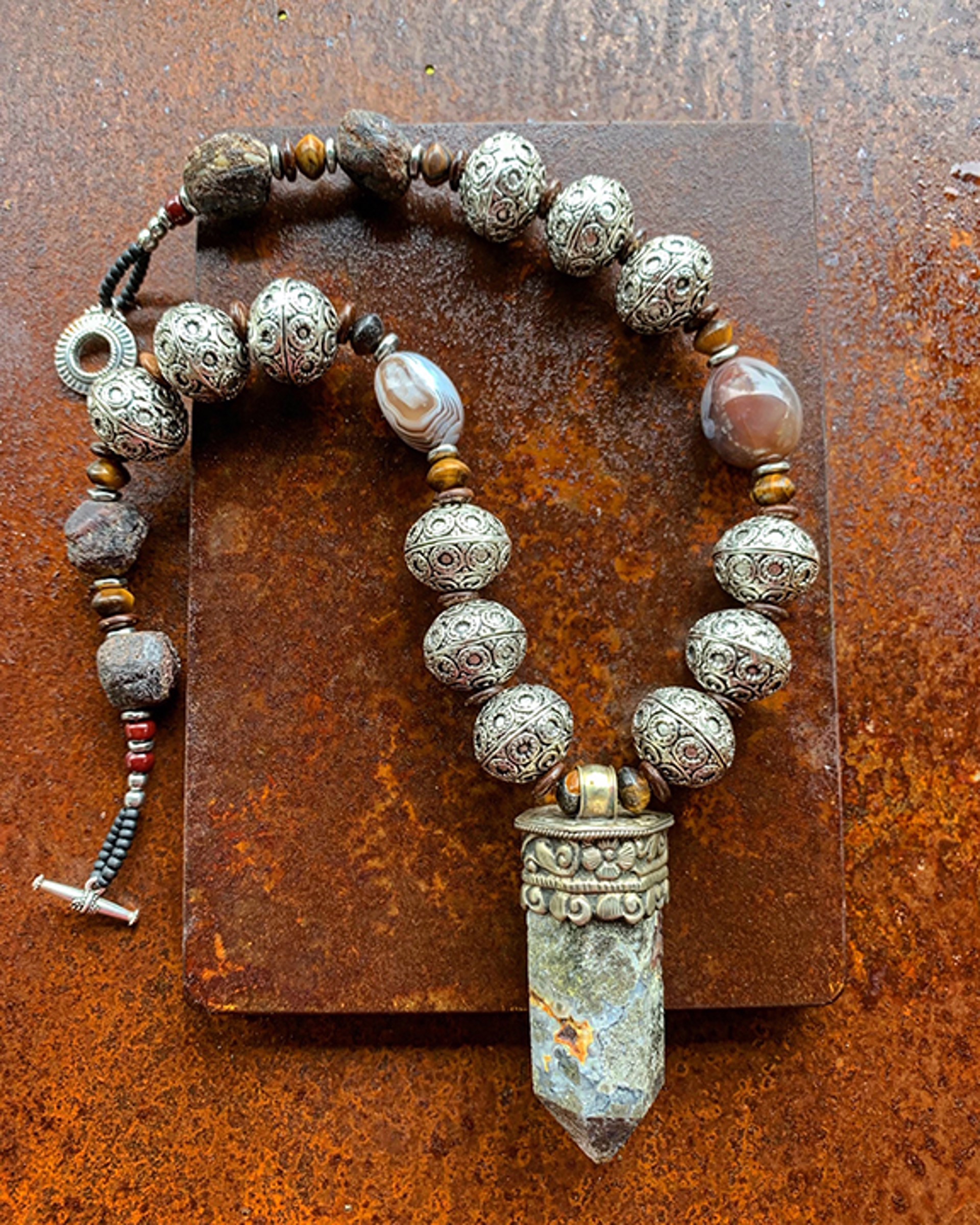 K736 Tibetan Crazy Lace Agate and Pewter Necklace by Kelly Ormsby