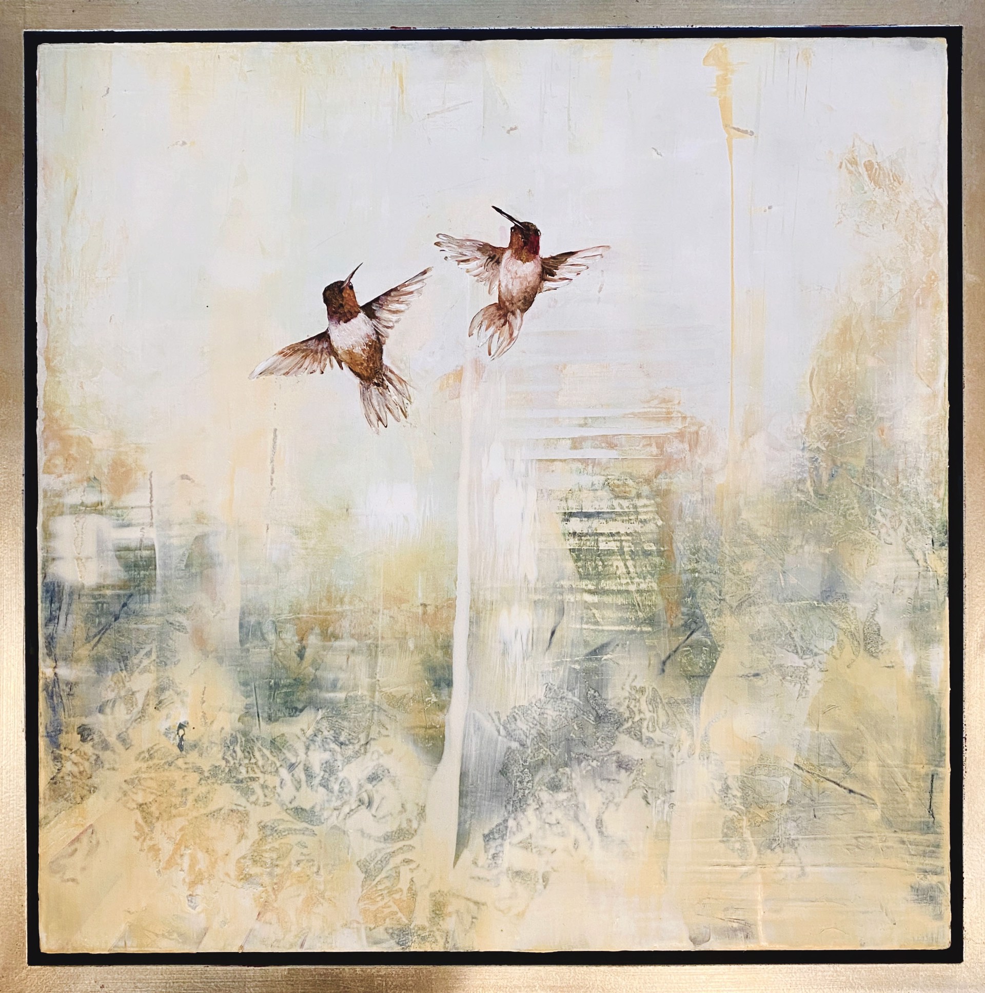 Original Oil Painting Featuring Two Hummingbirds And A Neutral Abstract Background
