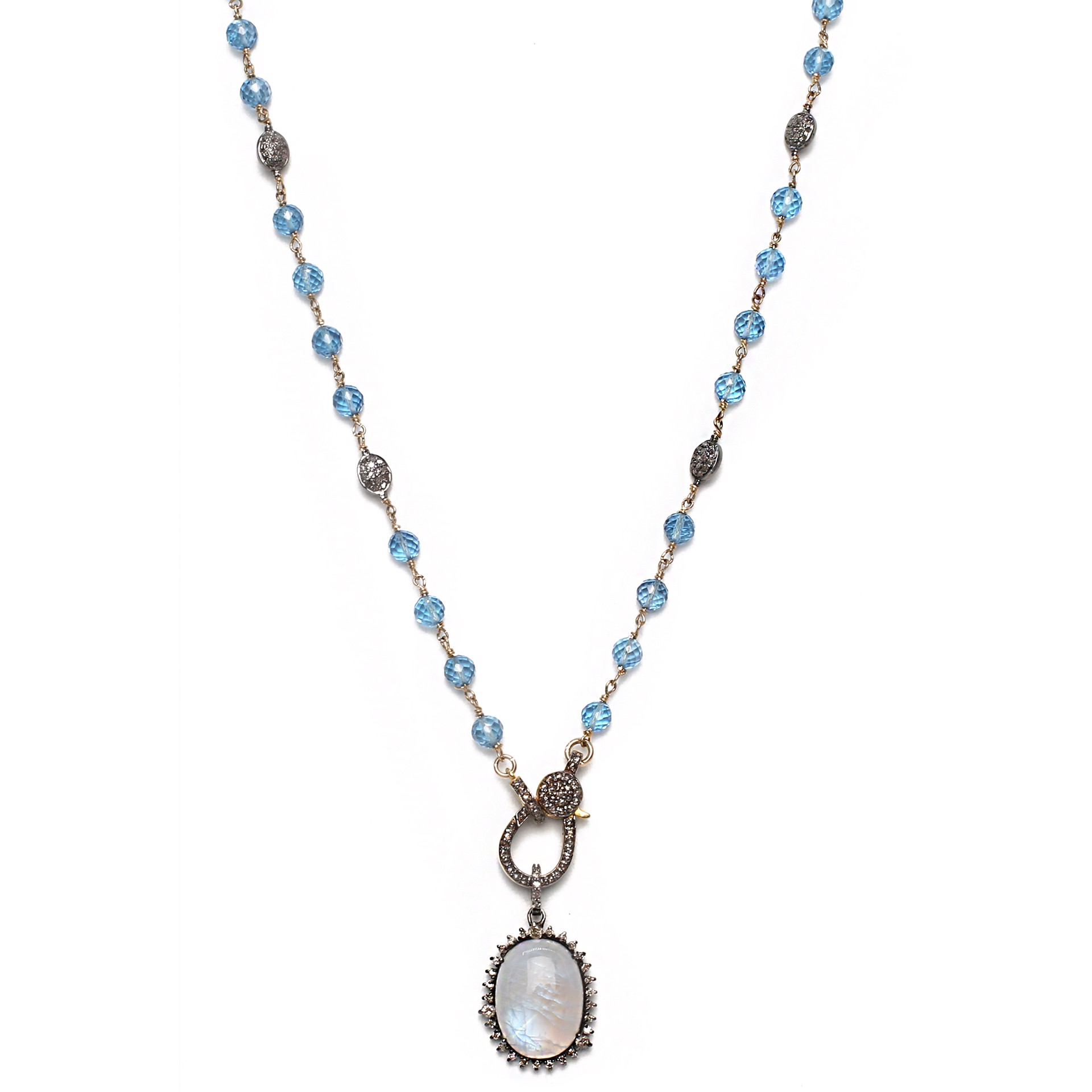 MLJ-3354-N- Rainbow moonstone surrounded by diamonds pendant on a hand-made chain of swiss blue topaz round faceted beads and pave diamond encrusted beads with a pave diamond lobster clasp in 14 K gold-filled by Melinda Lawton Jewelry