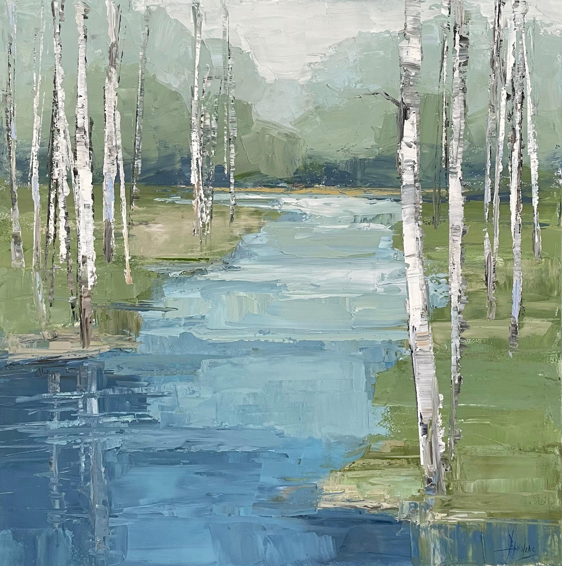 Birch Along Blue Waters {SOLD} by Barbara Flowers