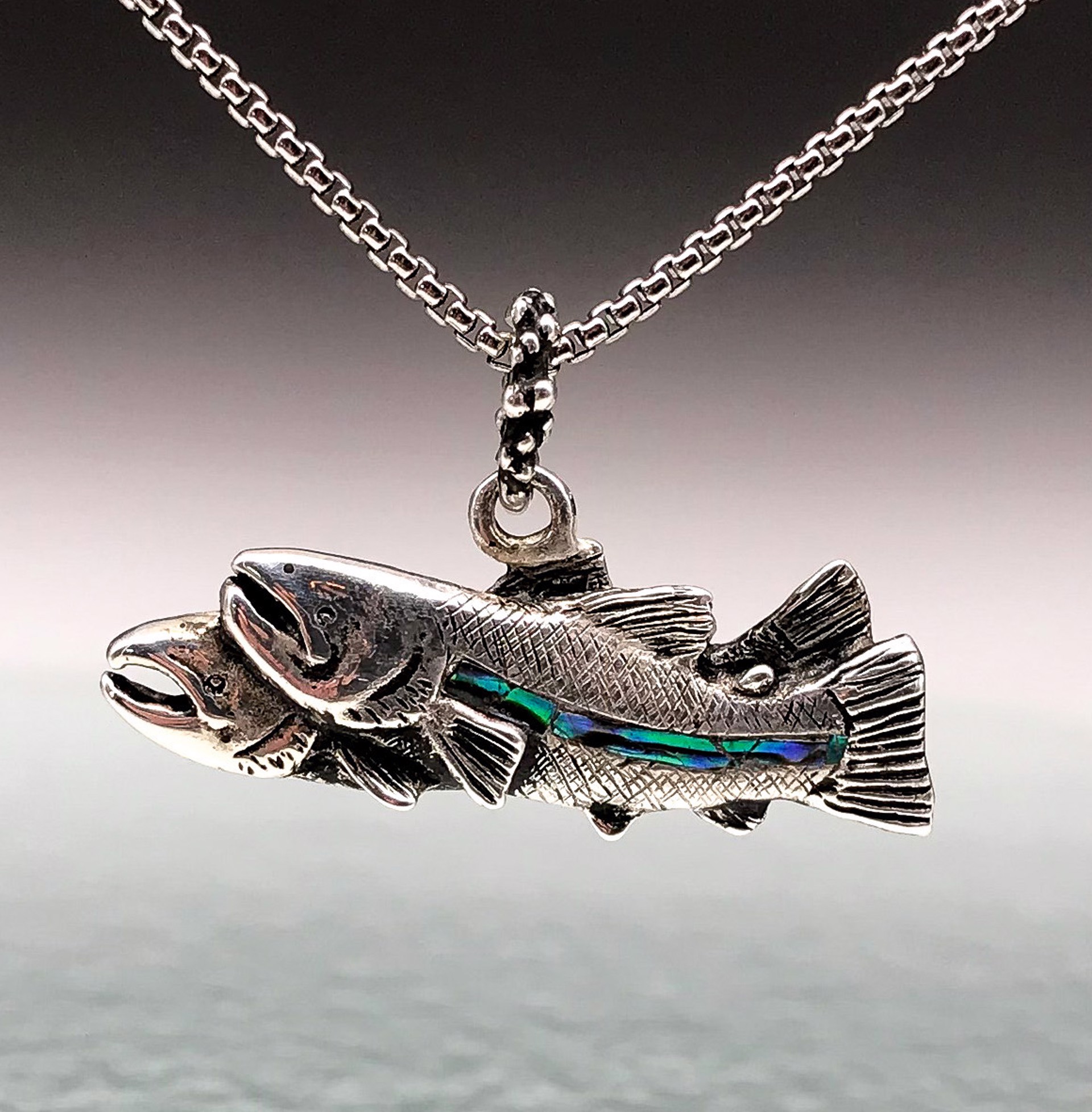 Two Salmon Pendant with Abalone shell inlay by Thomas Tietze