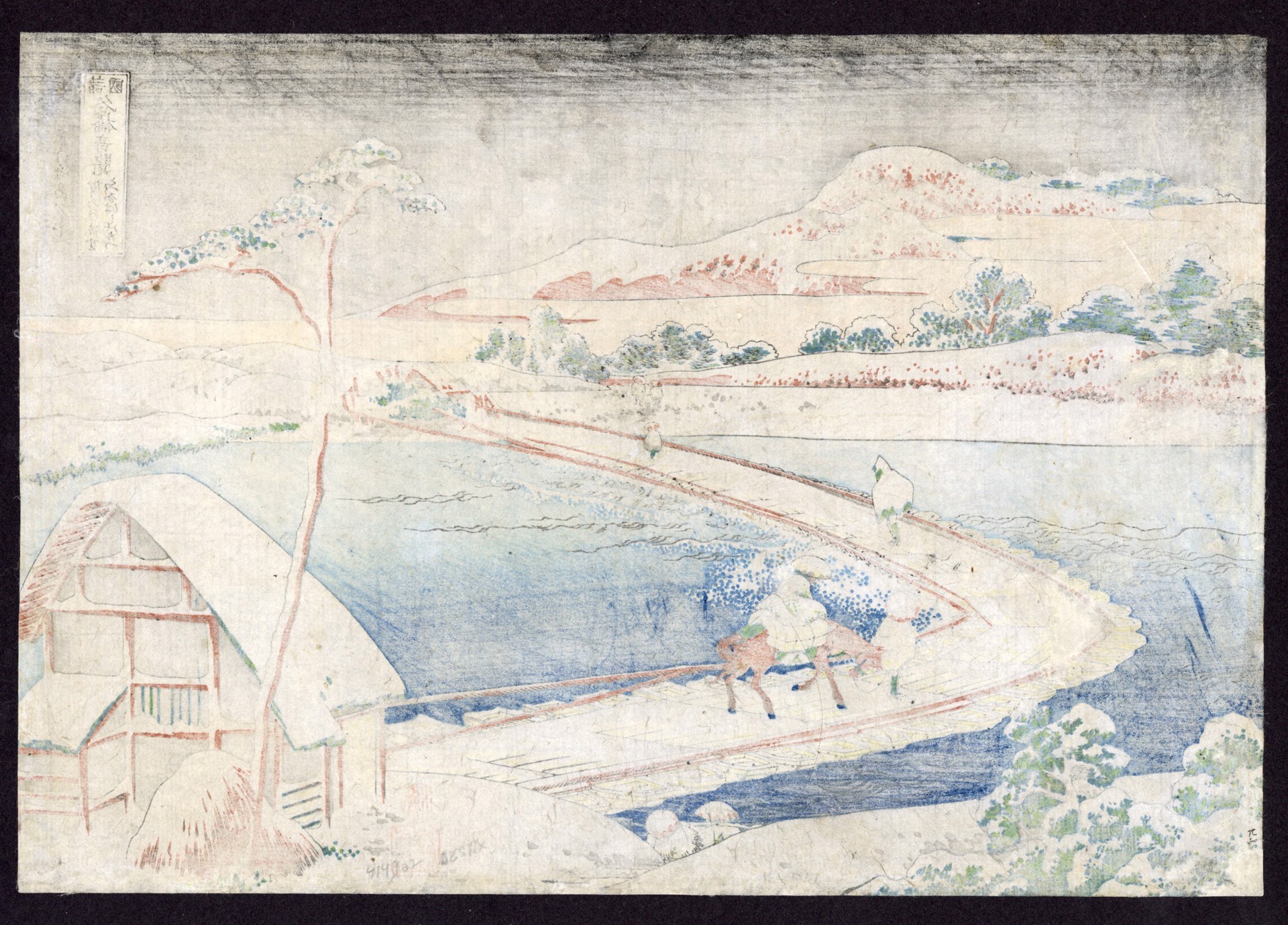 View of the old Boat-bridge  at Sano in Kozuke Province by Hokusai
