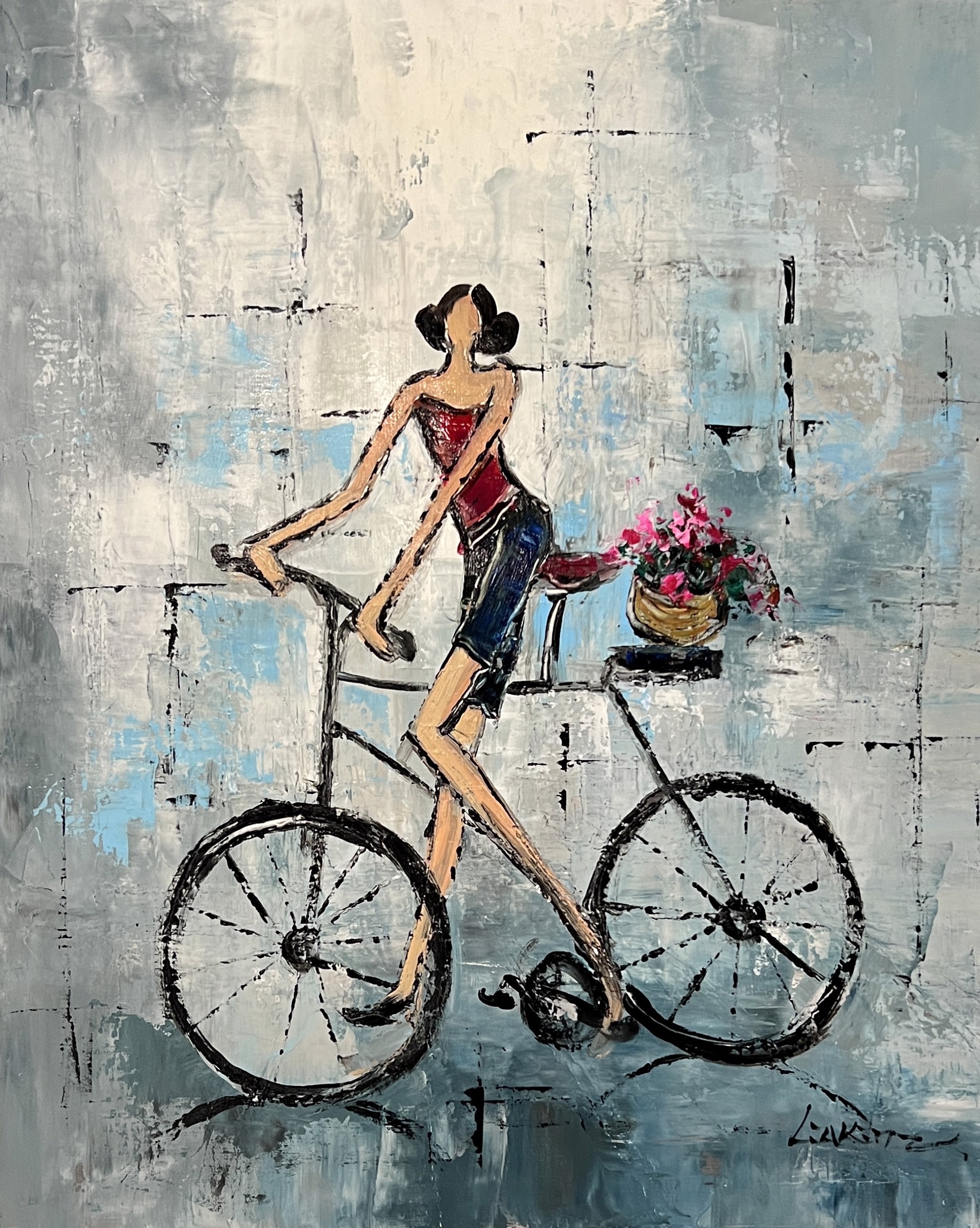 CYCLIST IN RED AND BLUE by LIA KIM