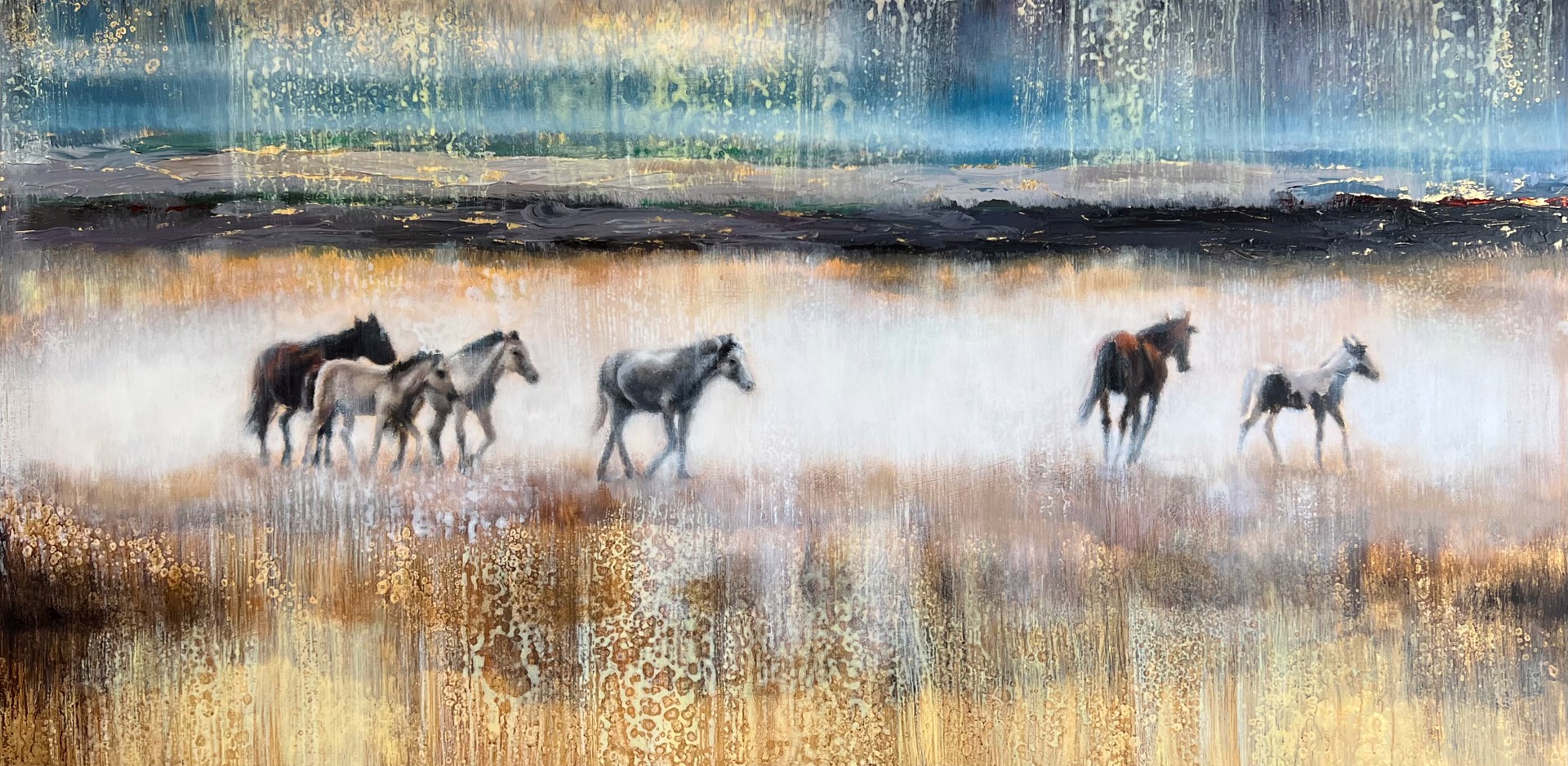 Original Mixed Media Painting By Nealy Riley Featuring Horse Herd Over Abstract Background