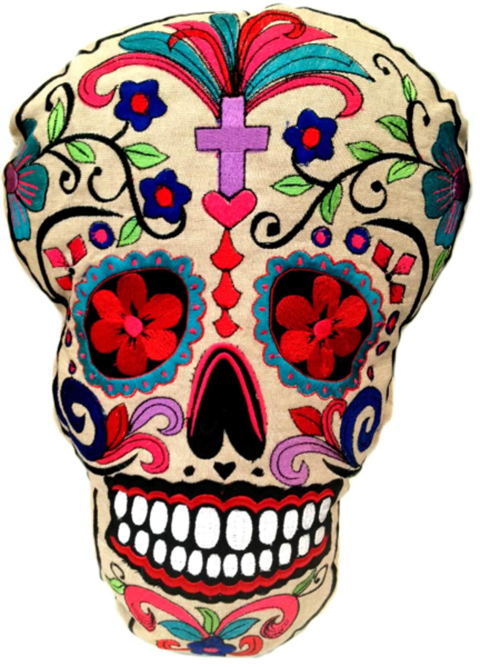 Calavera - Skull Pillow with Purple Cross by Indigo Desert Ranch - Day of the Dead