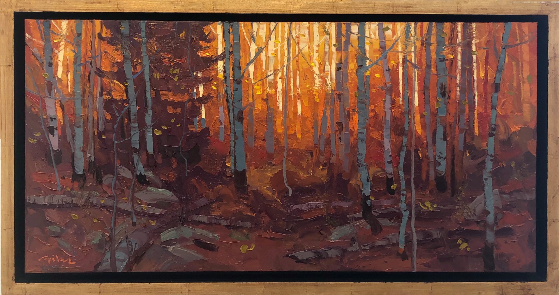 An Original Oil Painting Of The Sun Rising Glowing Red And Orange Through An Aspen Grove, By Silas Thompson Available At Gallery Wild