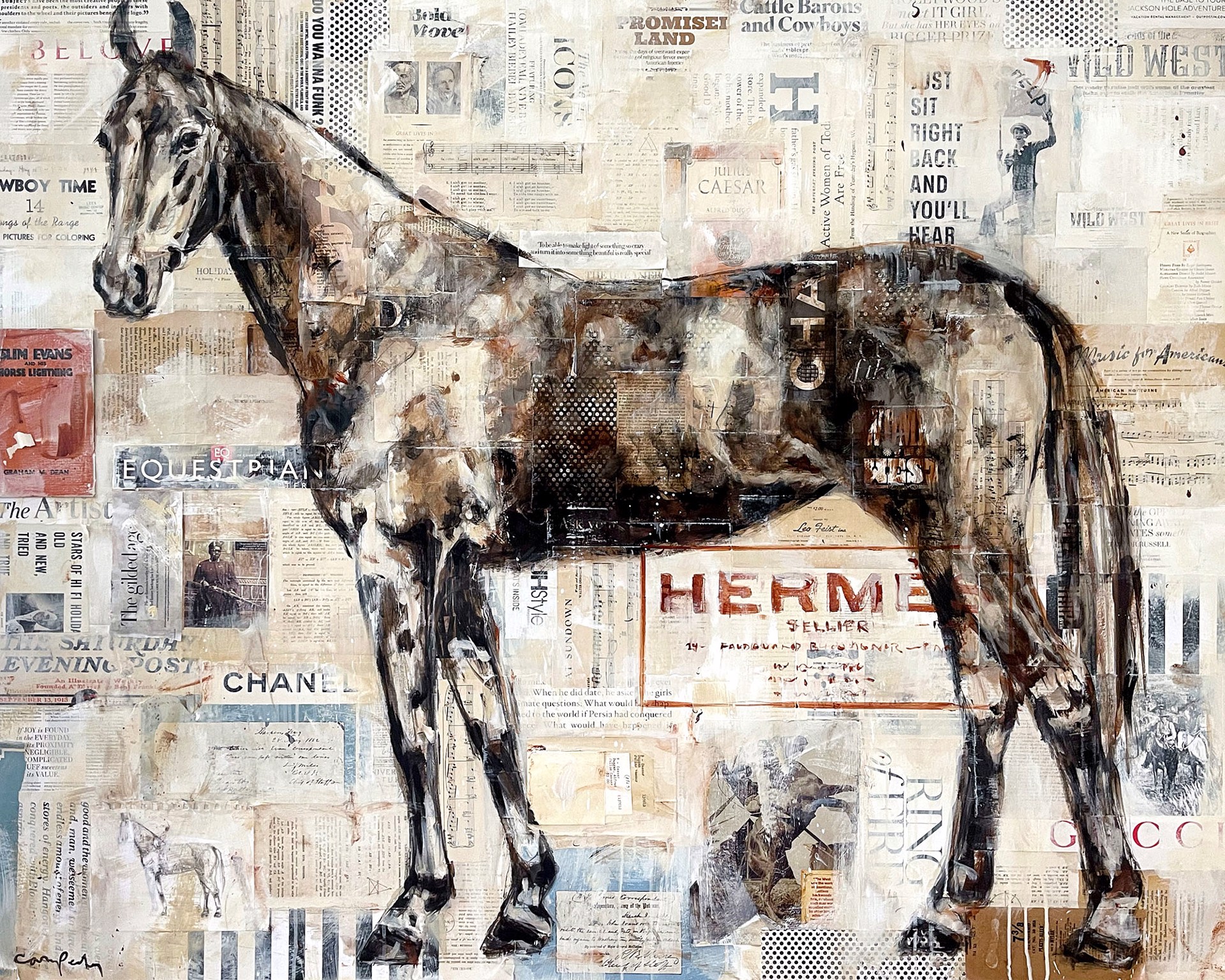 Original Mixed Media Painting By Carrie Penley Featuring A Horse On Collage Background